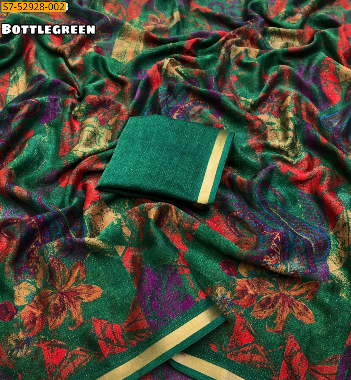 Bottle Green Fancy Shimmer Floral Digital Print Saree