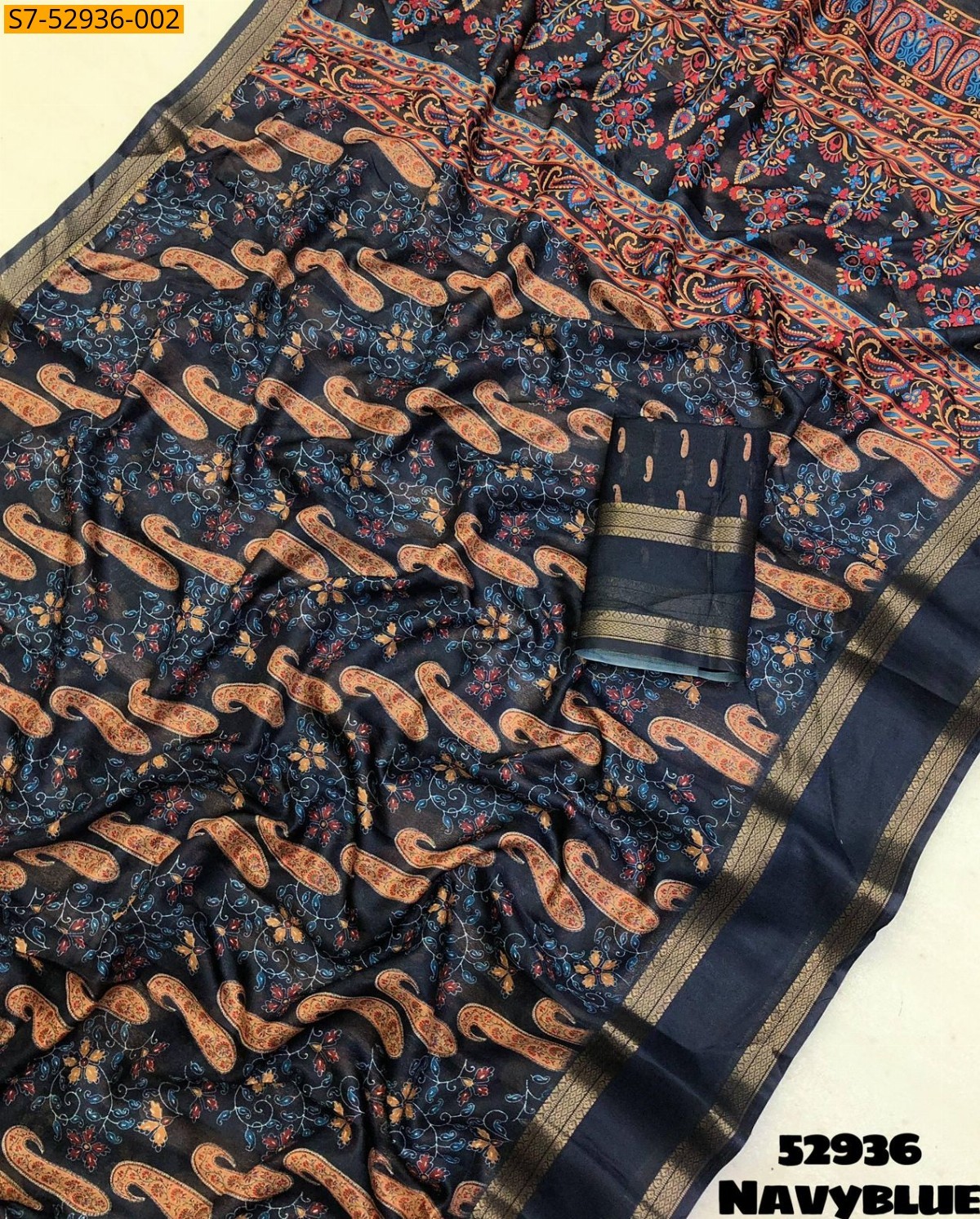 Navy Blue Fancy Marshmellow Ajrakh Printed Saree