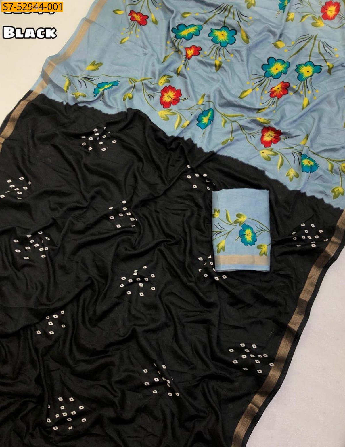 Black Fancy  Mul Cotton Bandani Print Saree