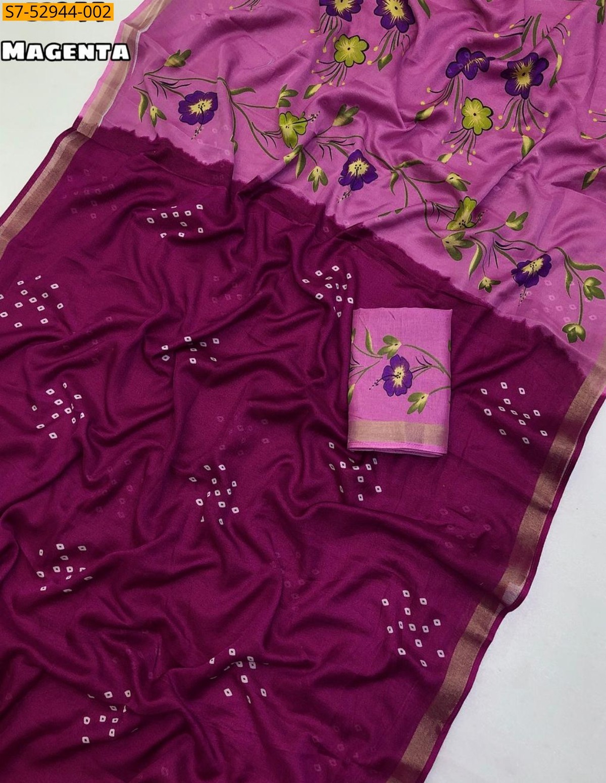 Mgenta Fancy  Mul Cotton Bandani Print Saree