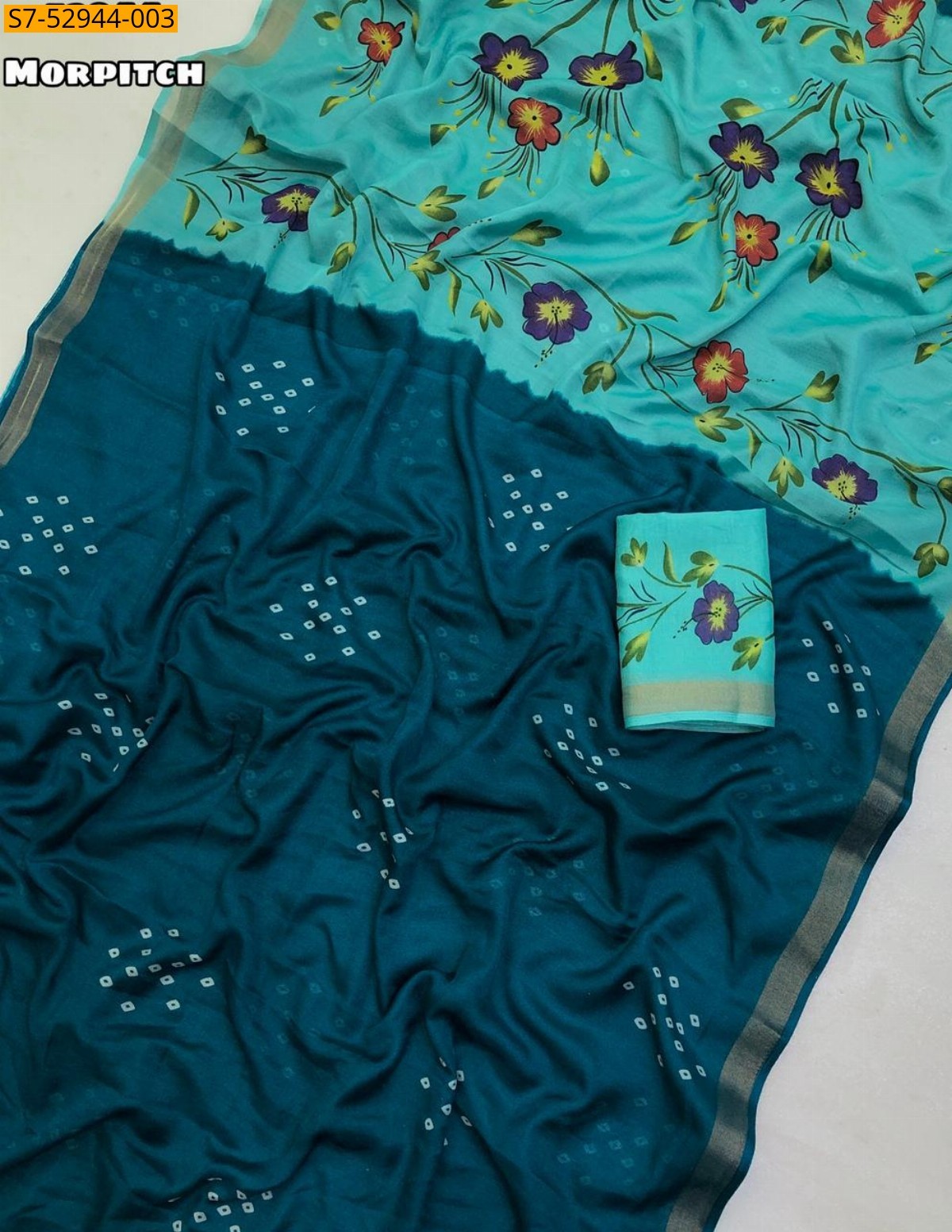 Morpitch Fancy  Mul Cotton Bandani Print Saree