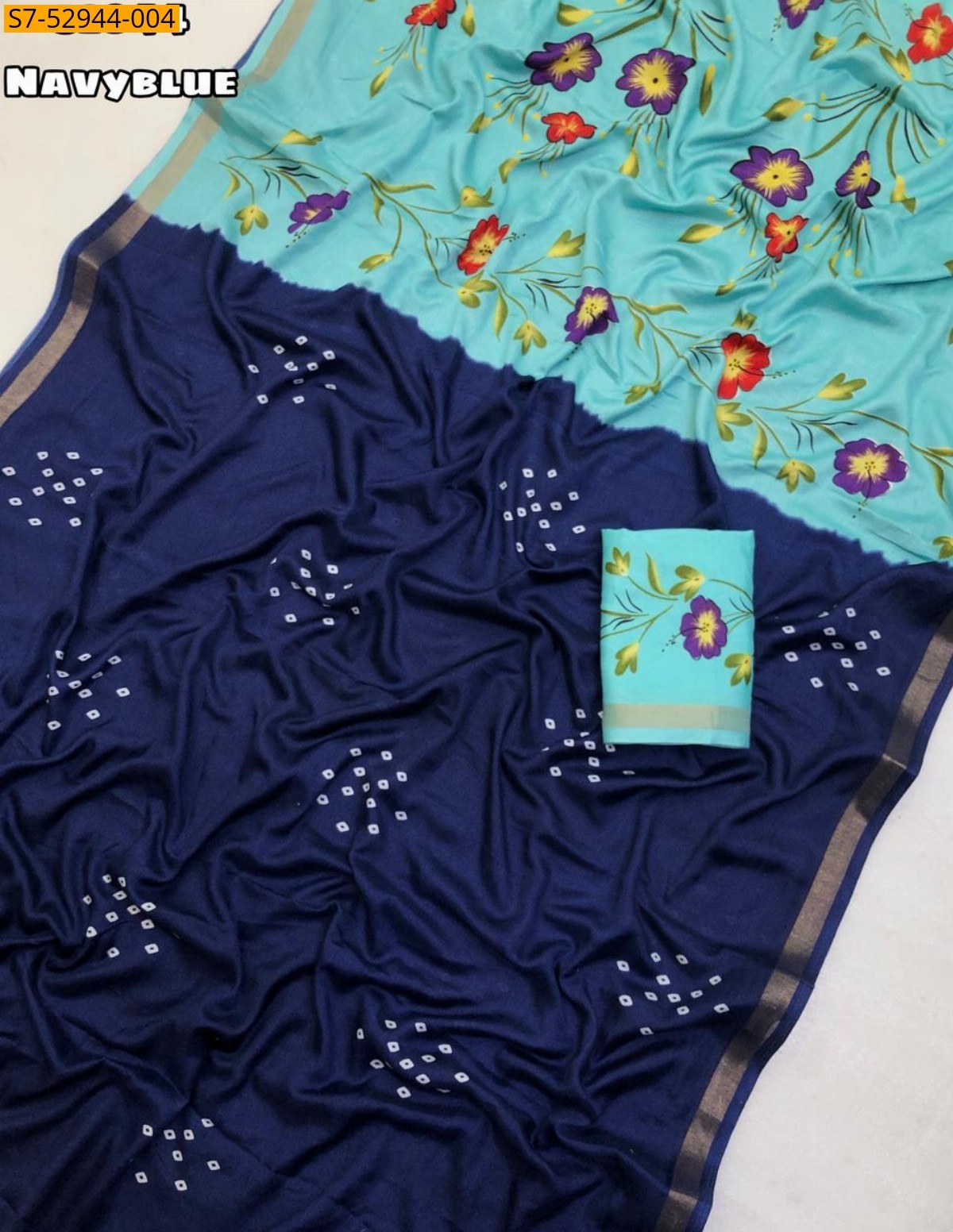 Navy Blue Fancy  Mul Cotton Bandani Print Saree