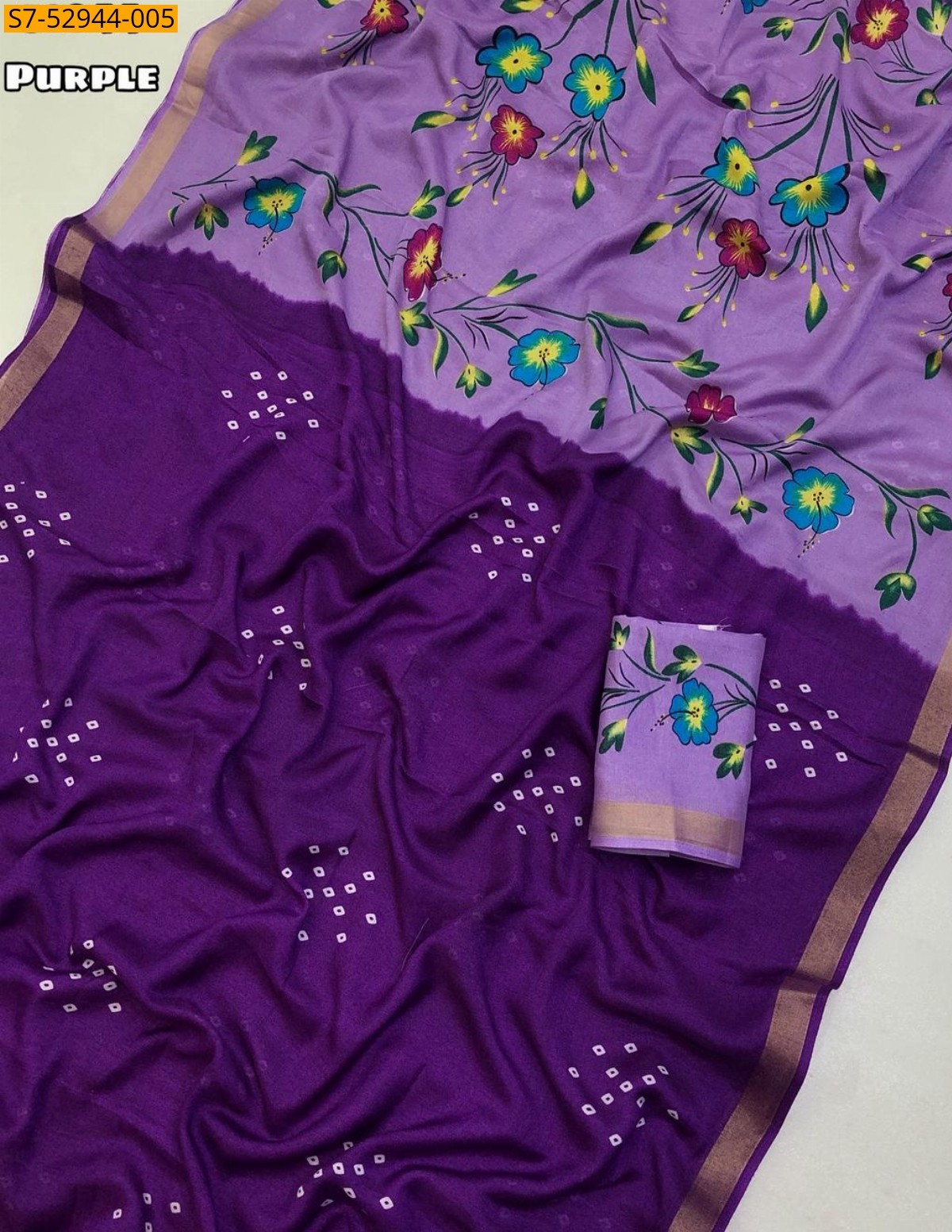Purple Fancy  Mul Cotton Bandani Print Saree