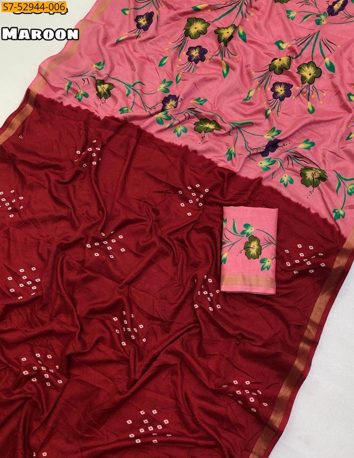 Maroon Fancy  Mul Cotton Bandani Print Saree