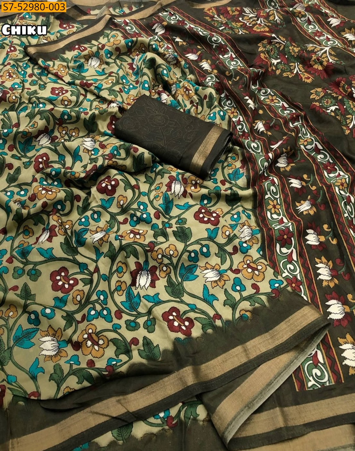 Chiku Fancy Mul cotton floral printed saree 