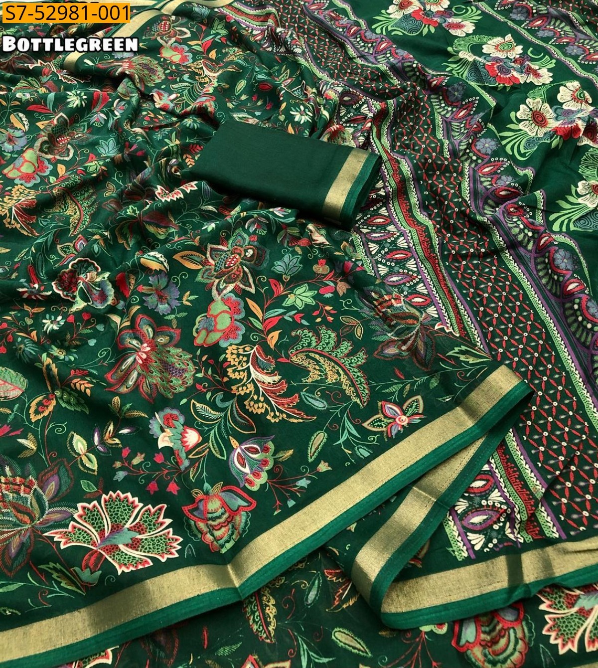 Bottle green Fancy  Mul Cotton Saree