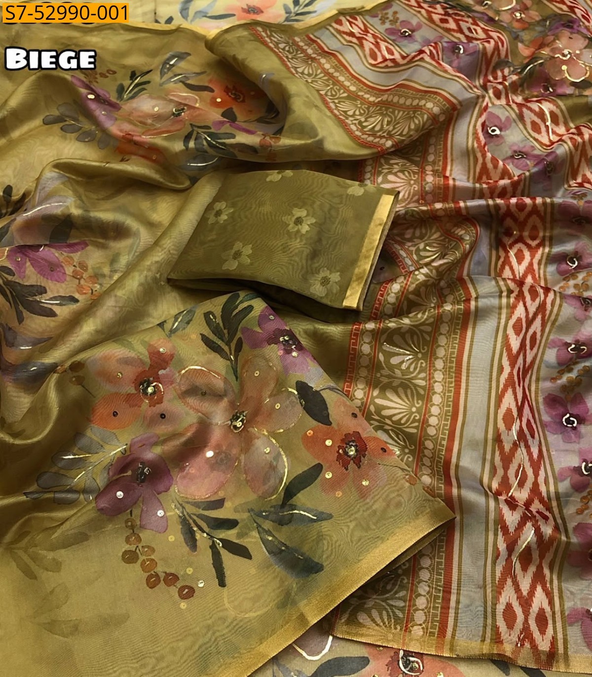Beige Fancy Organza Silk Saree