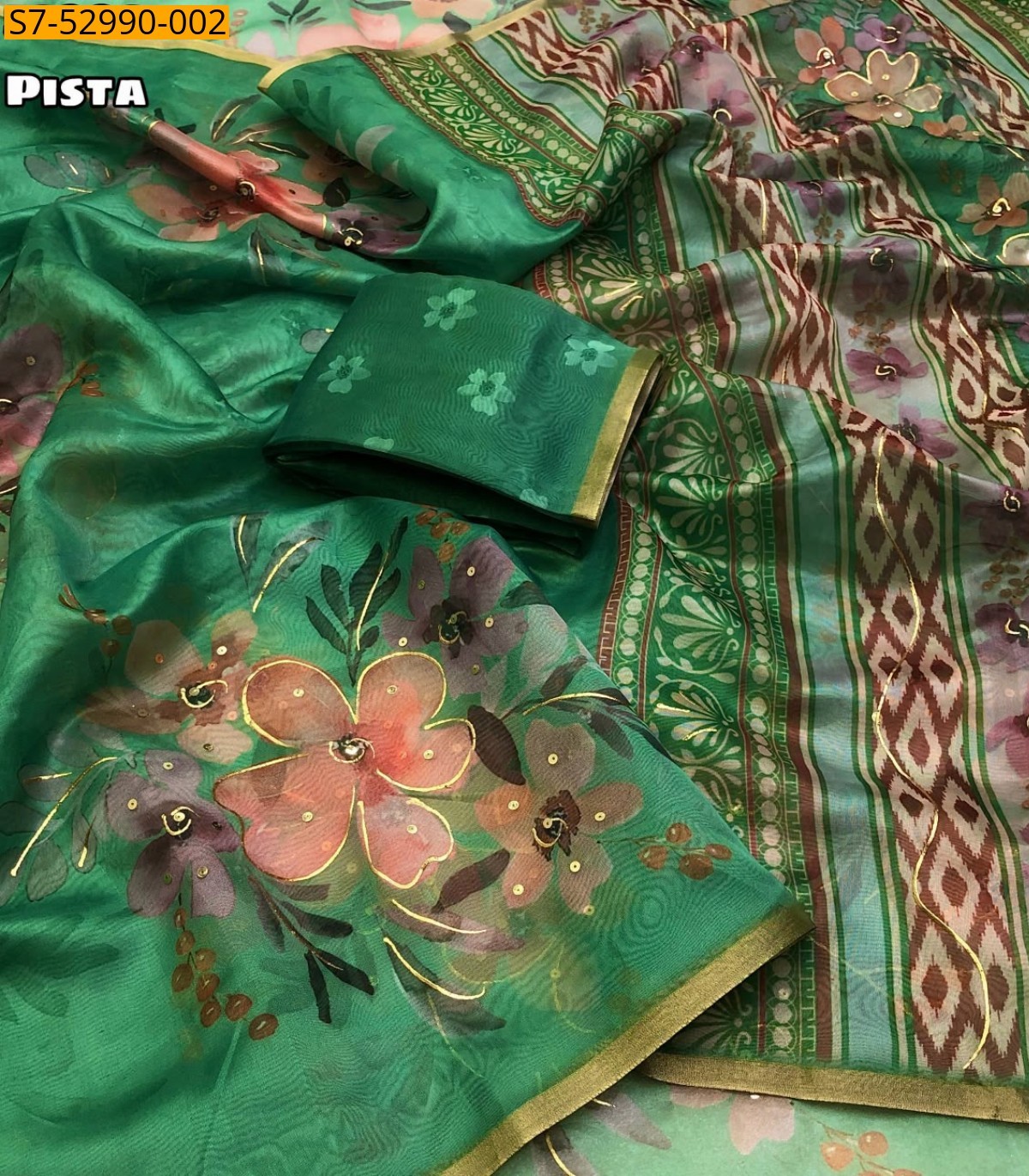 Pista Fancy Organza Silk Saree