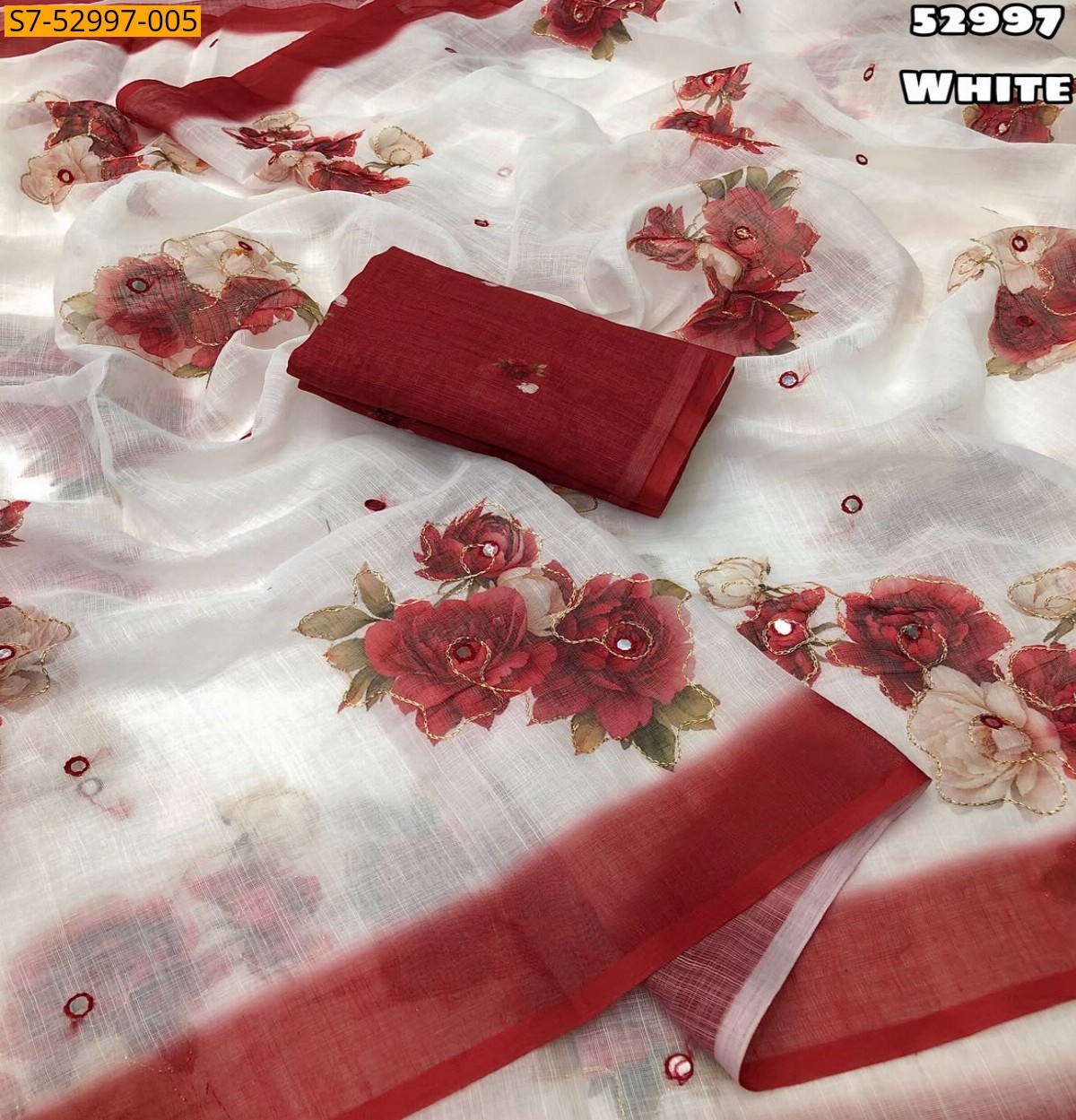 White Fancy Soft Linen Saree