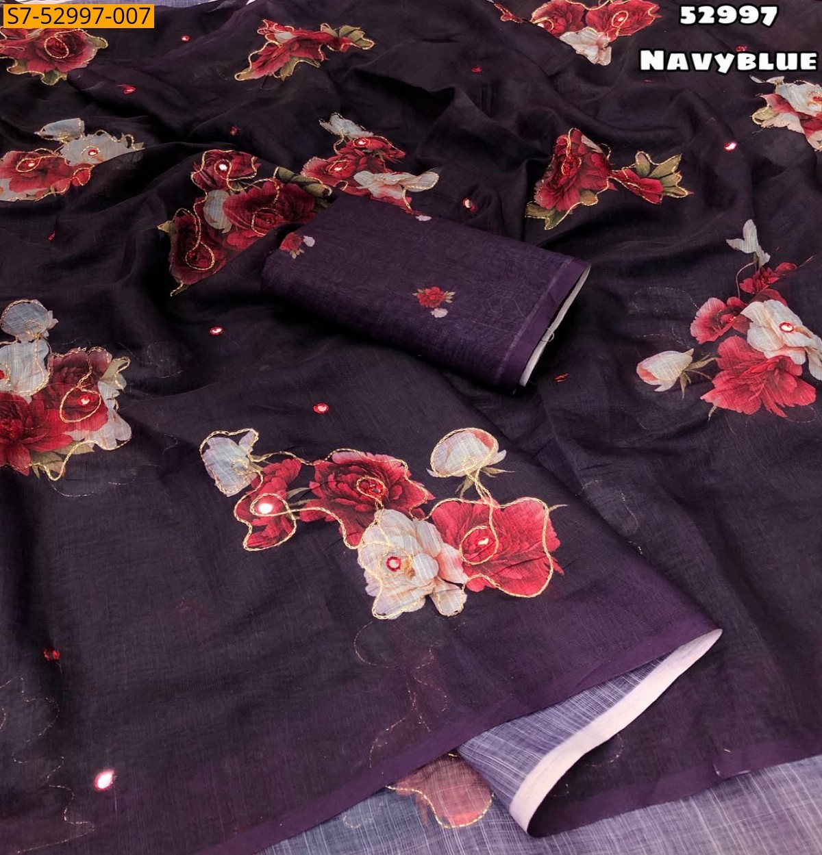 Navy Blue Fancy Soft Linen Saree