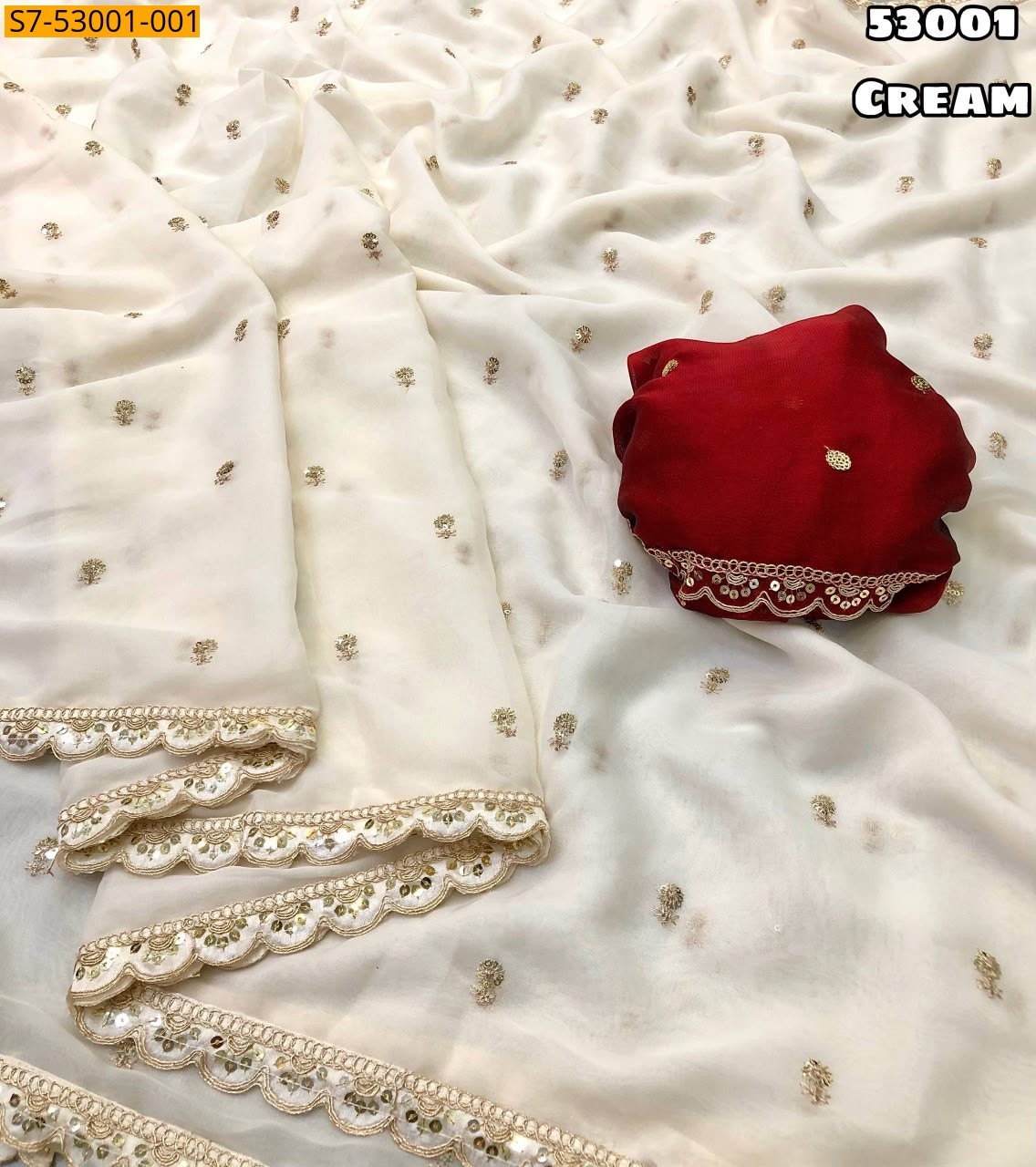 Cream Fancy Star Georgette Saree