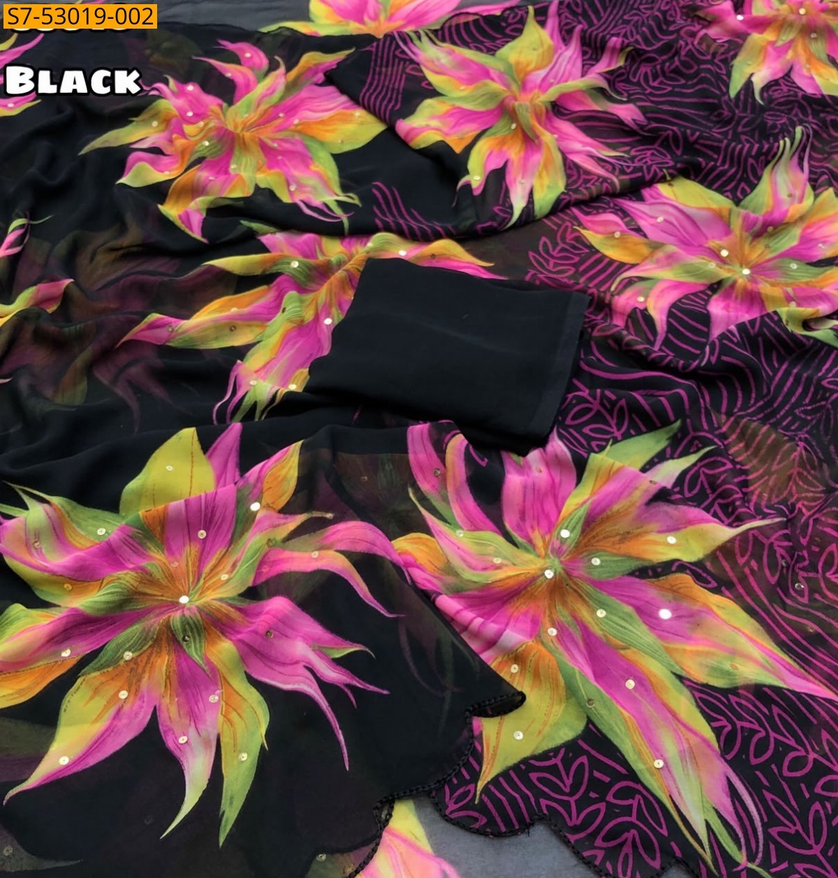 Black Fancy Chiffon Floral Printed Saree