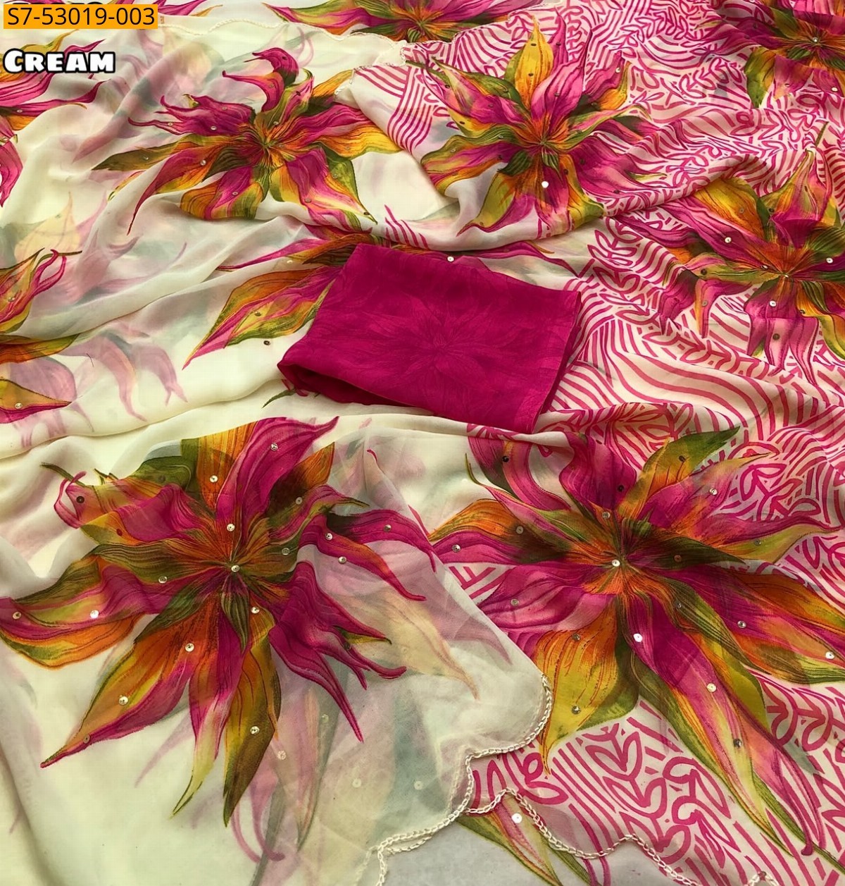 Cream Fancy Chiffon Floral Printed Saree
