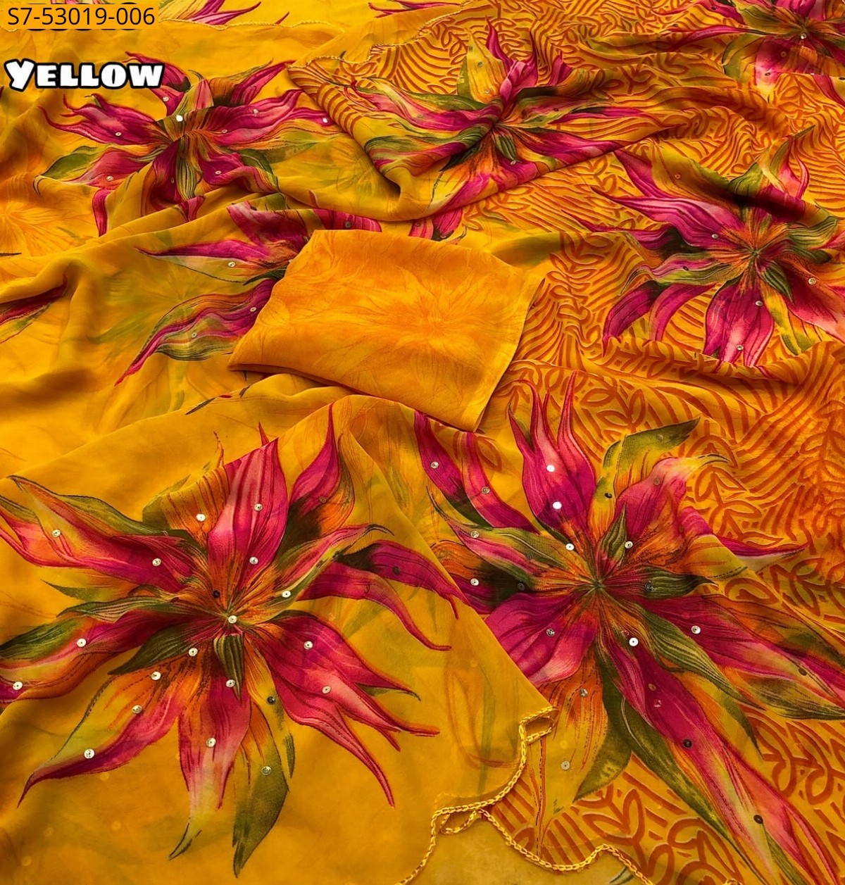 Yellow Fancy Chiffon Floral Printed Saree