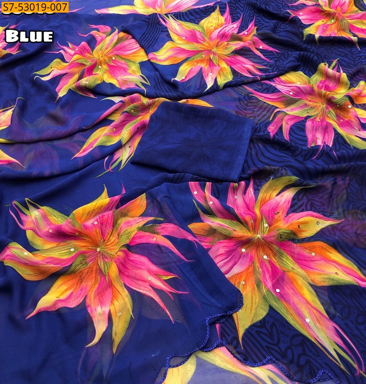 Blue Fancy Chiffon Floral Printed Saree