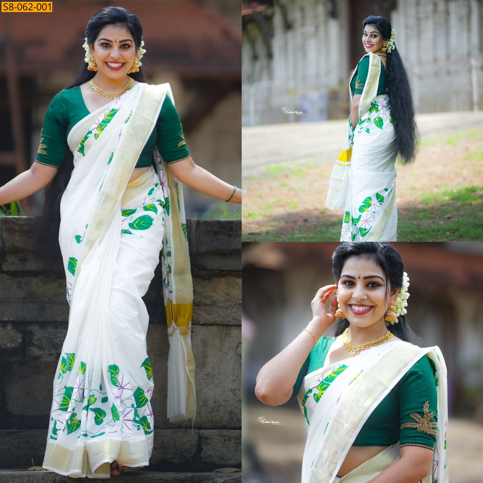 White Kerala kasavu cotton floral sarees