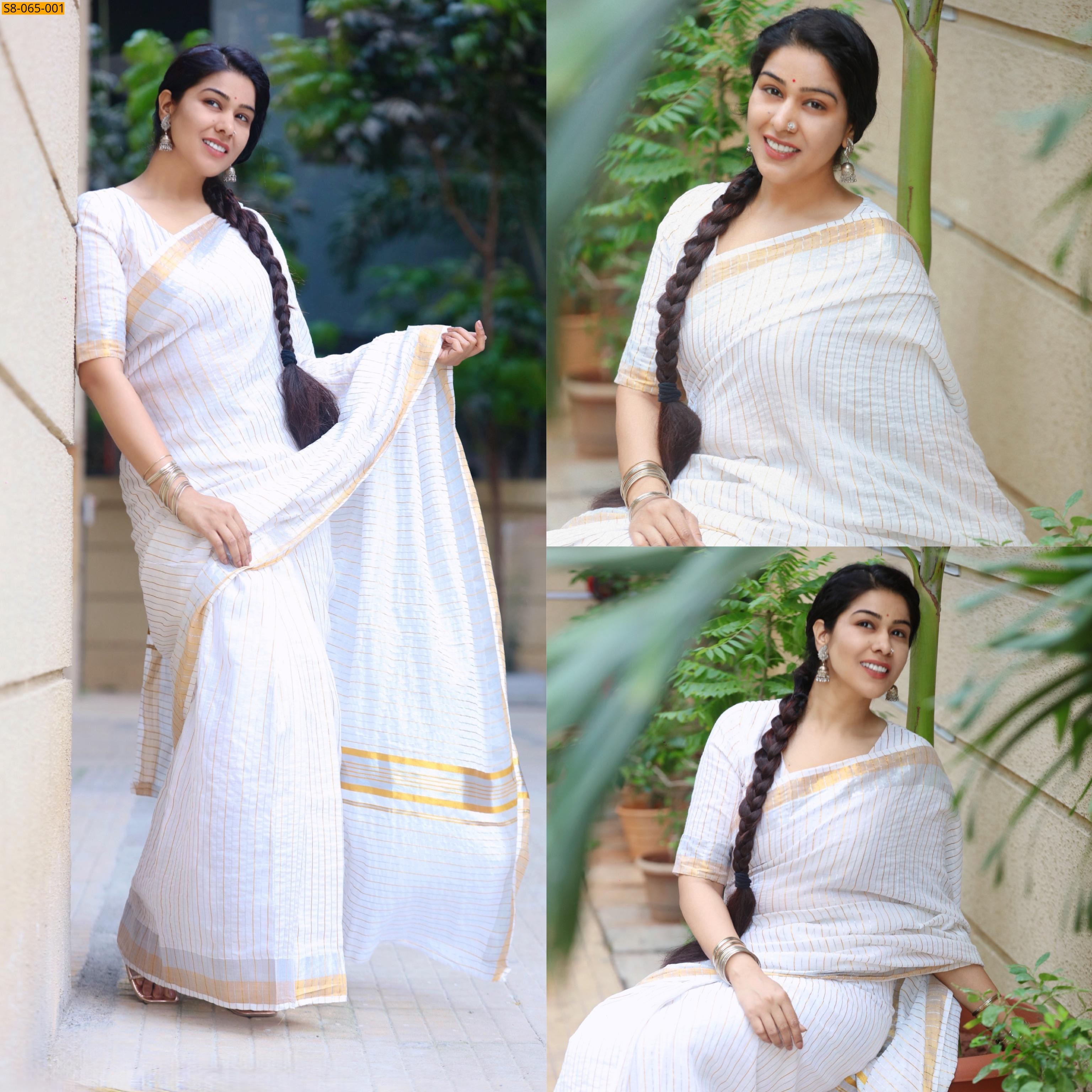 White Silver gold cotton ready to wear and normal saree