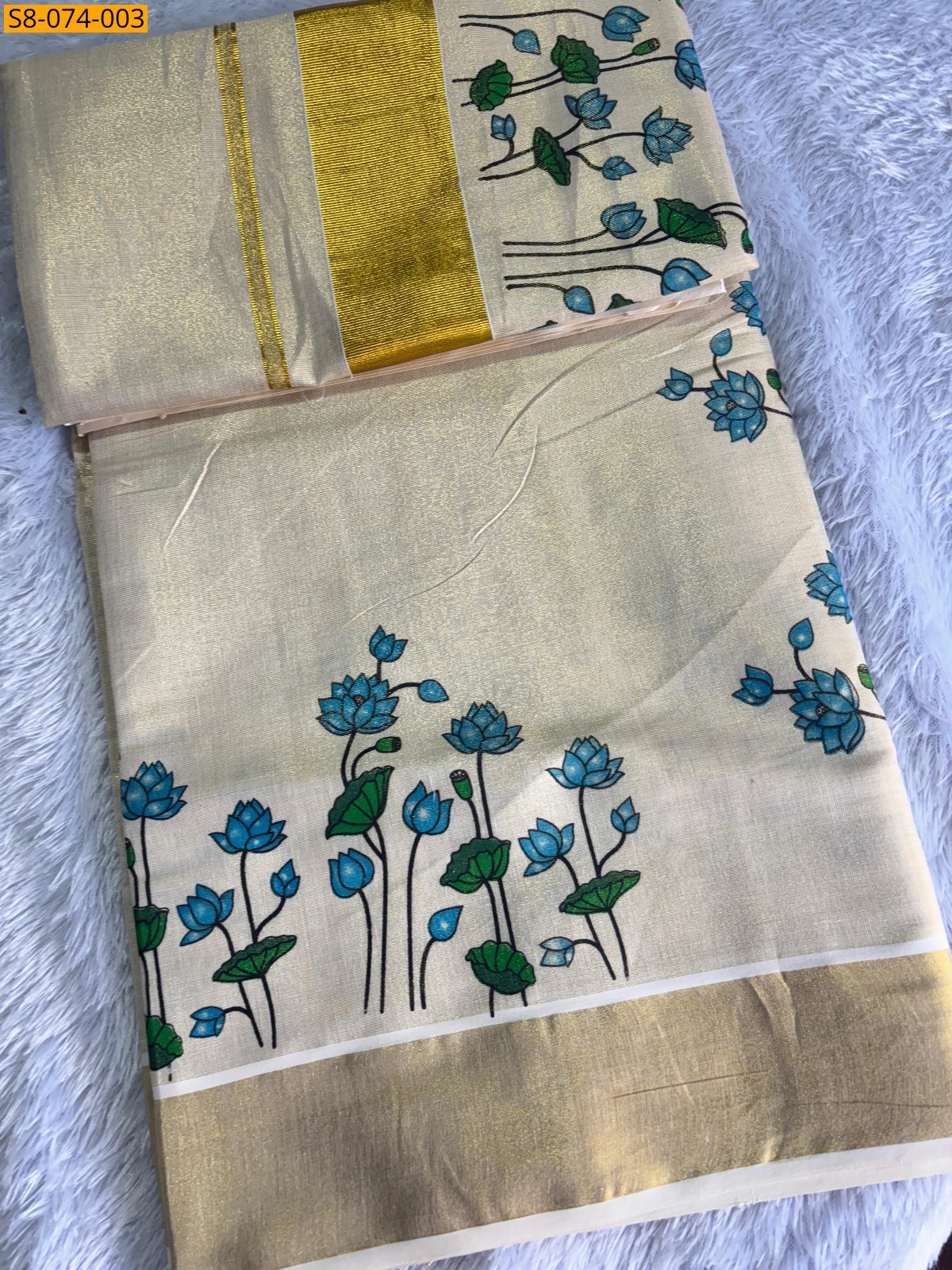Half White with Sky blue Fancy golden tissue Sarees