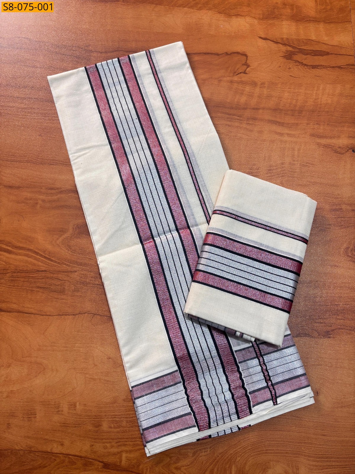 Half white with lavender Fancy silver set mundu