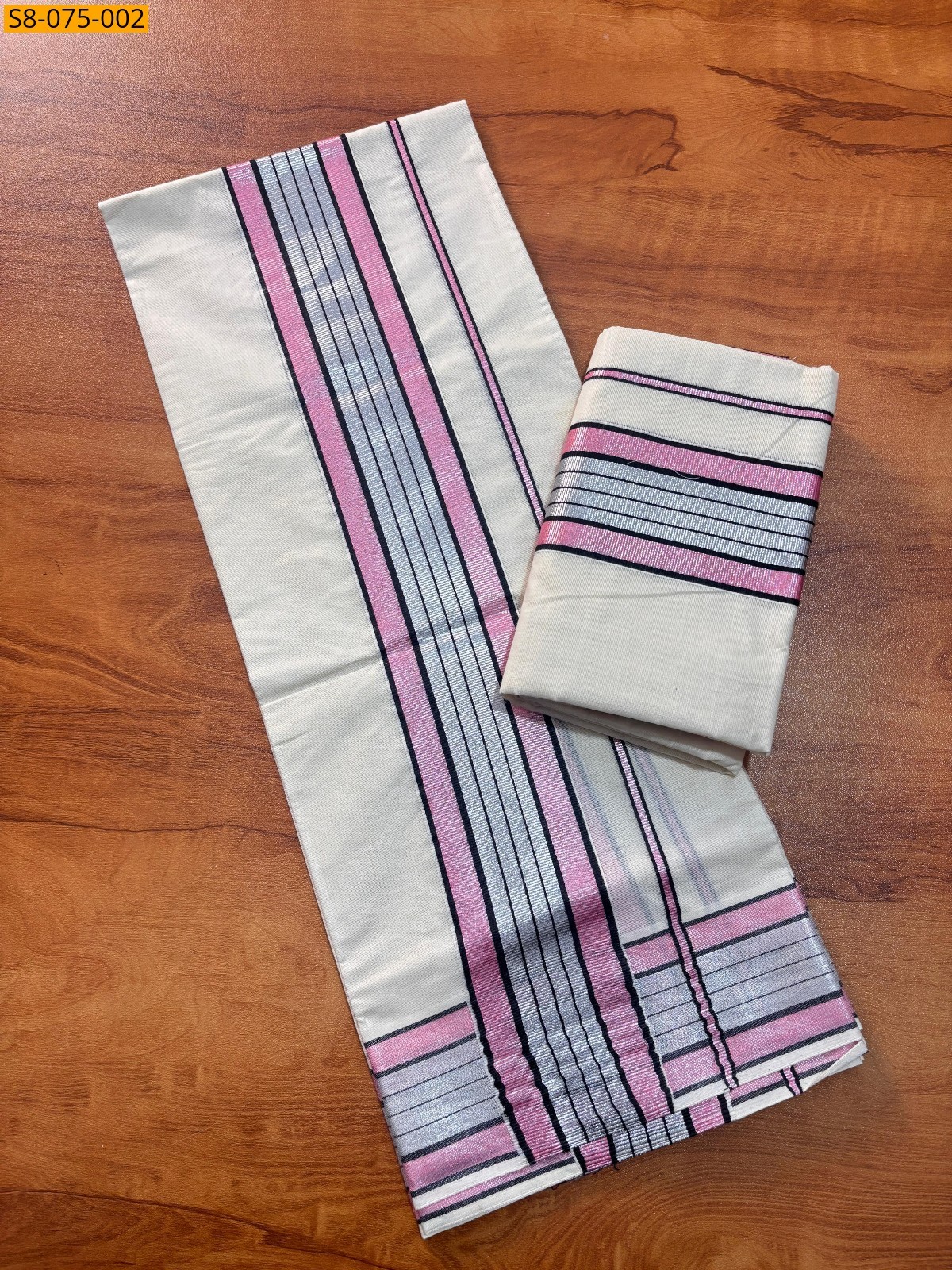 Half white with Pink Fancy silver set mundu