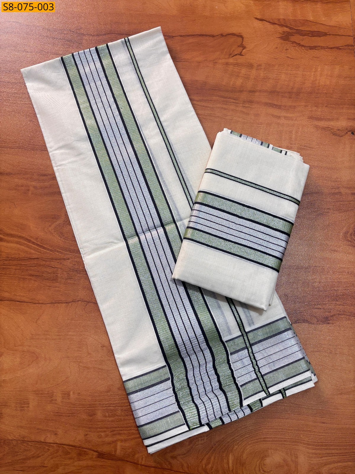 Half white with Green Fancy silver set mundu