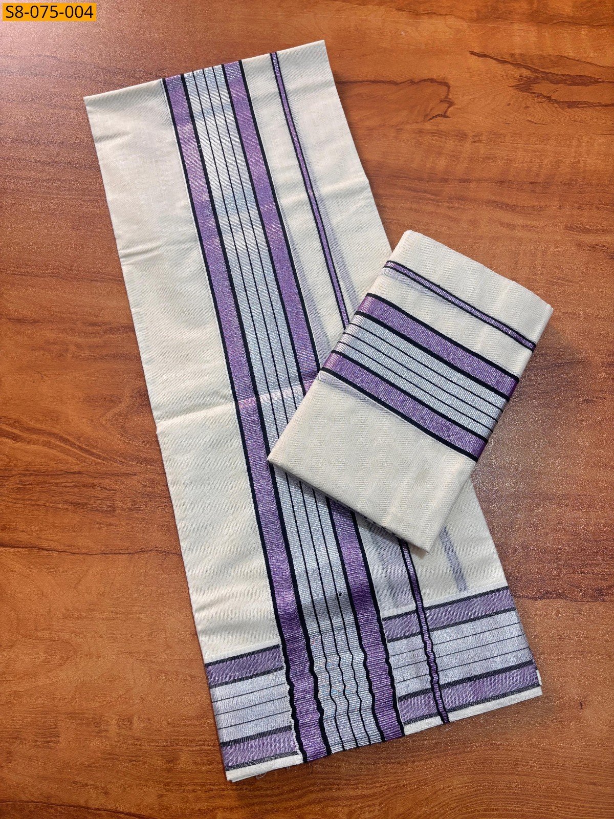 Half white with Violet Fancy silver set mundu