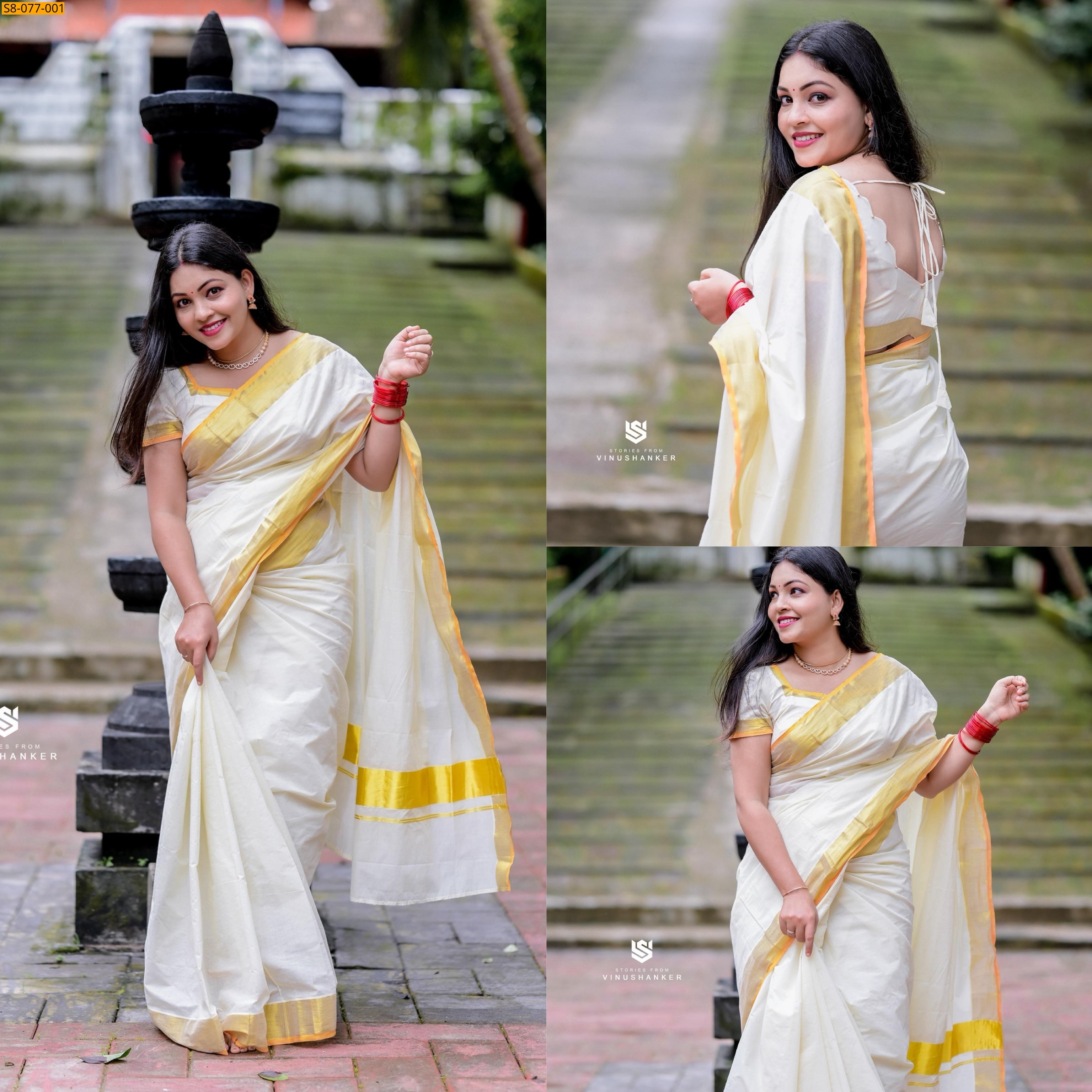 Sandal Kerala kasavu cotton saree