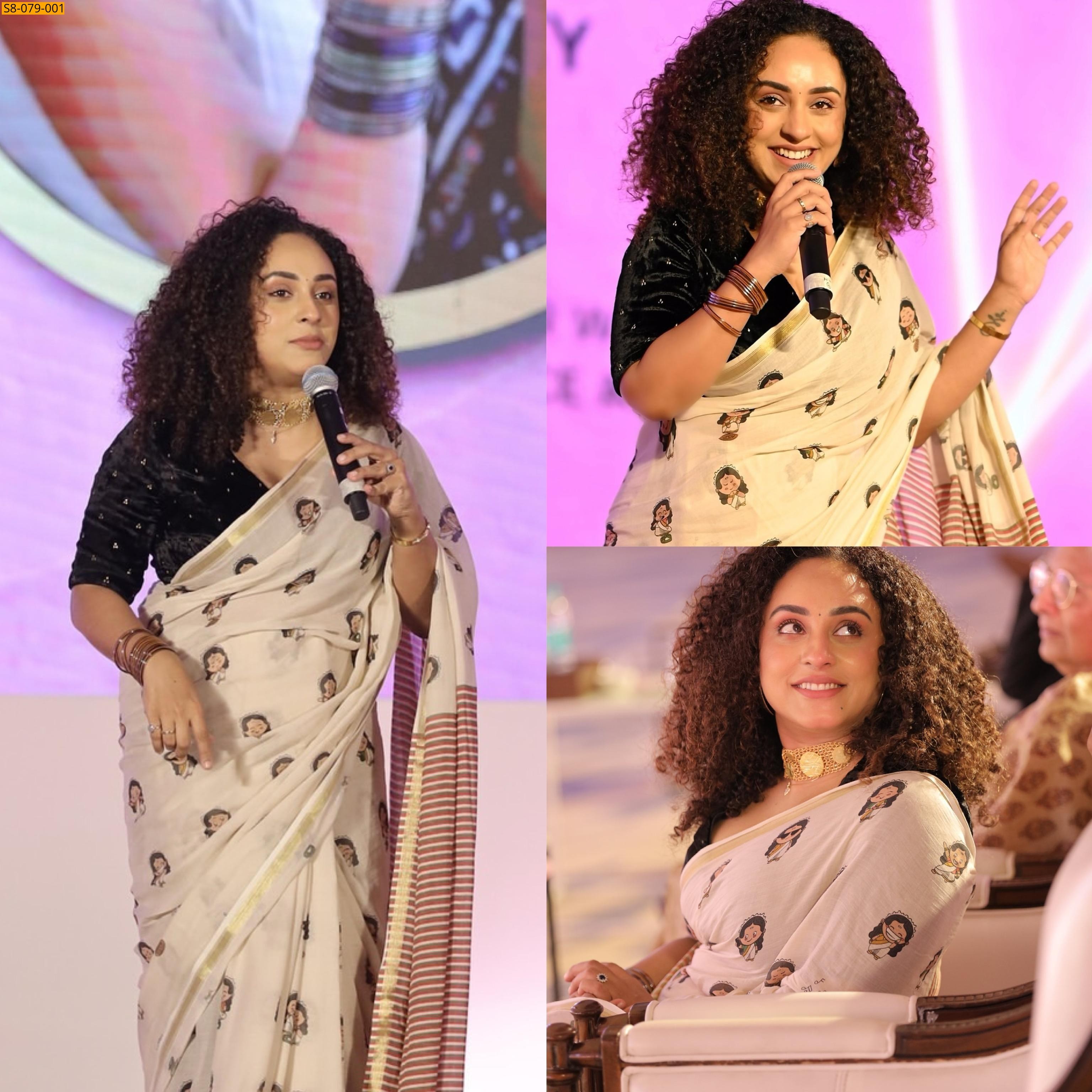 White Doodle cotton saree Copper