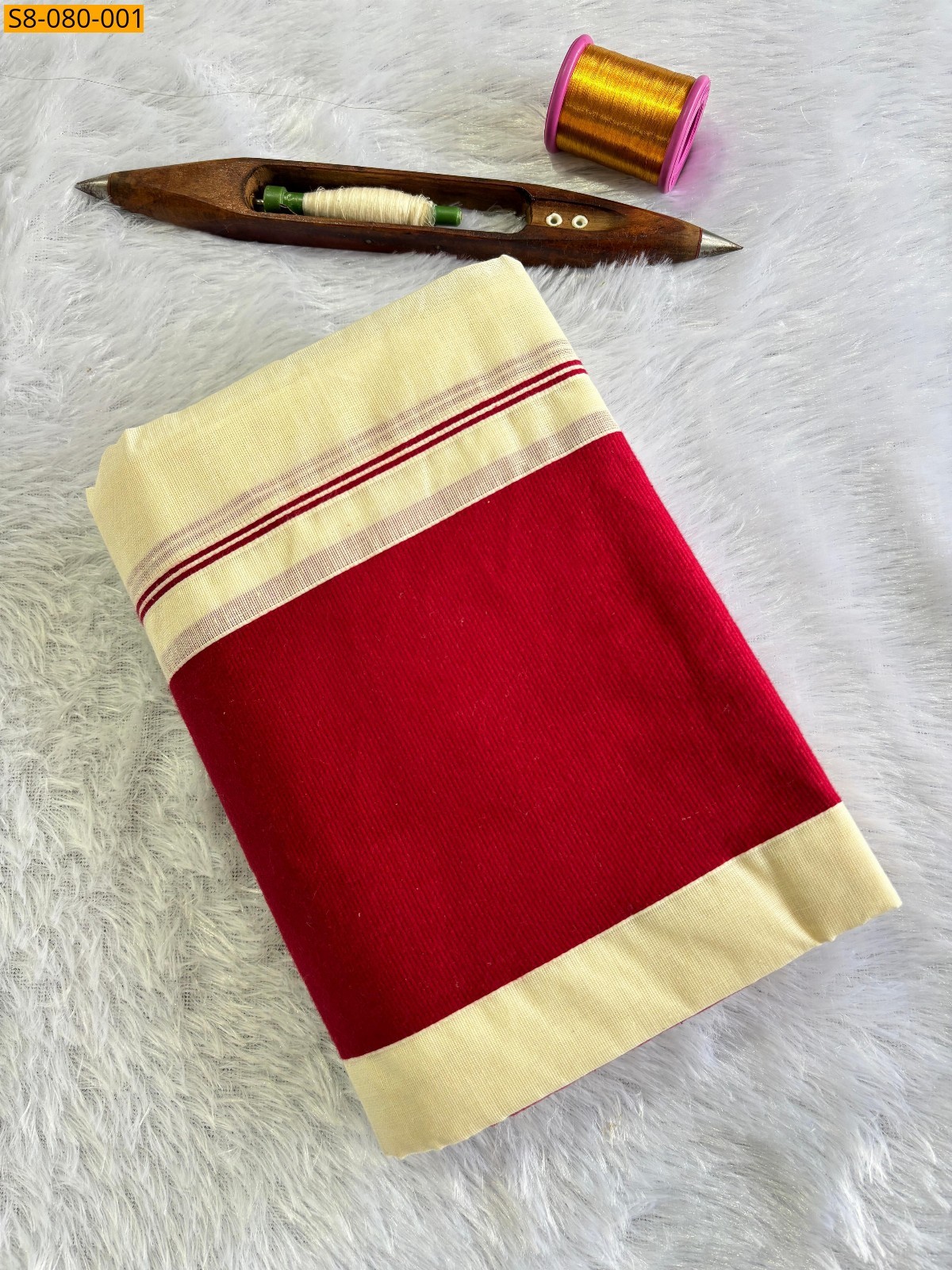 Halfwhite with Red Fancy kattikara tissues set mundu