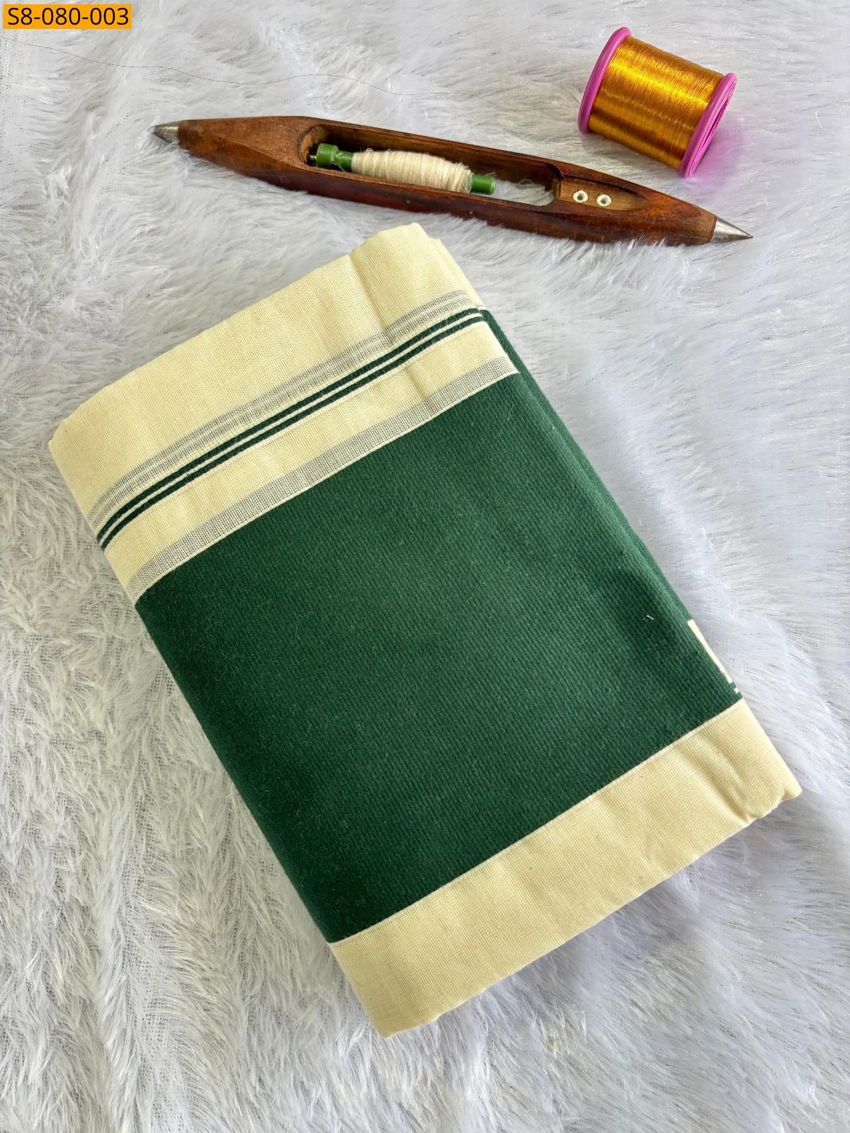 Halfwhite with Green Fancy kattikara tissues set mundu