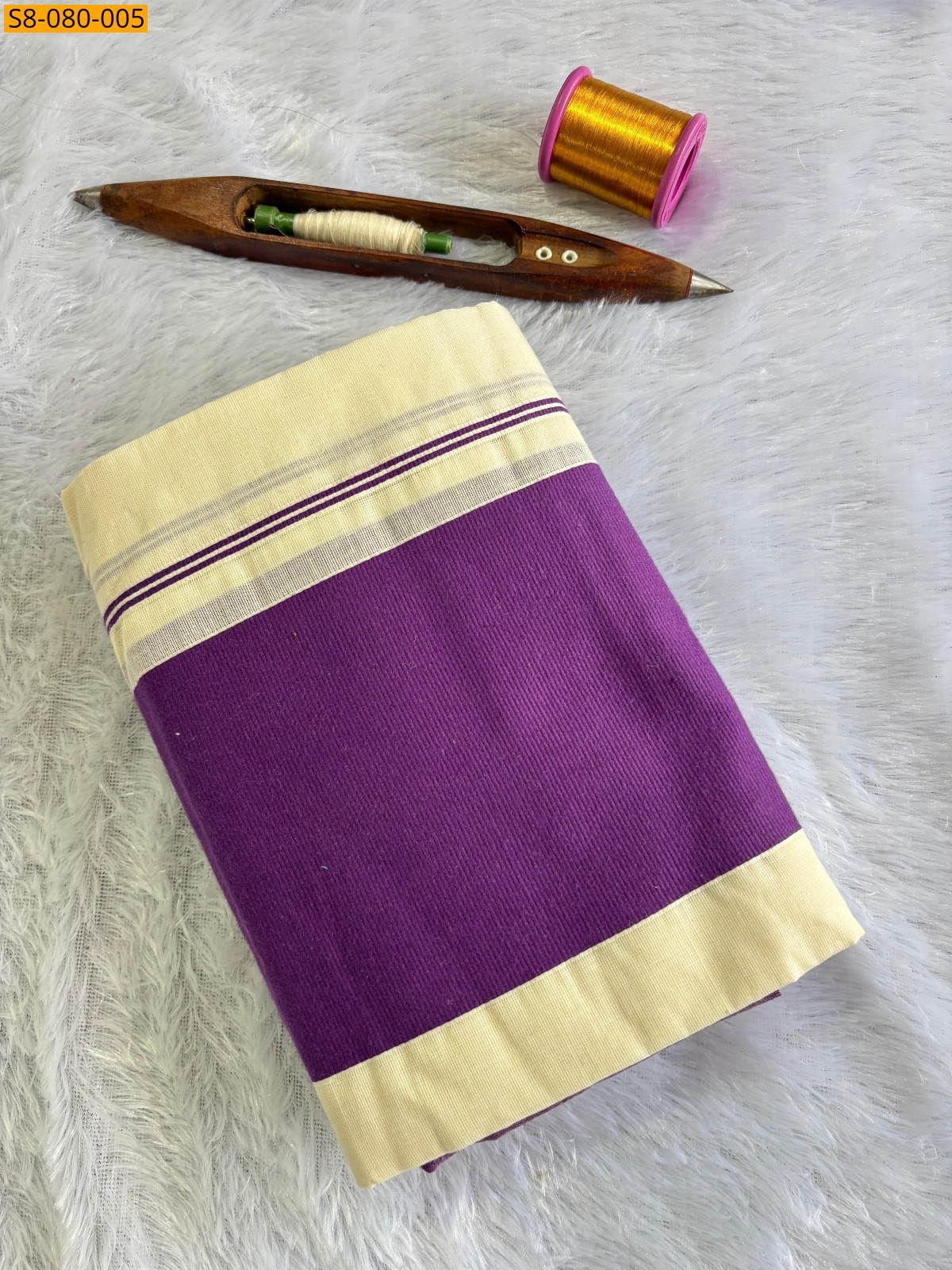 Halfwhite with Violet Fancy kattikara tissues set mundu