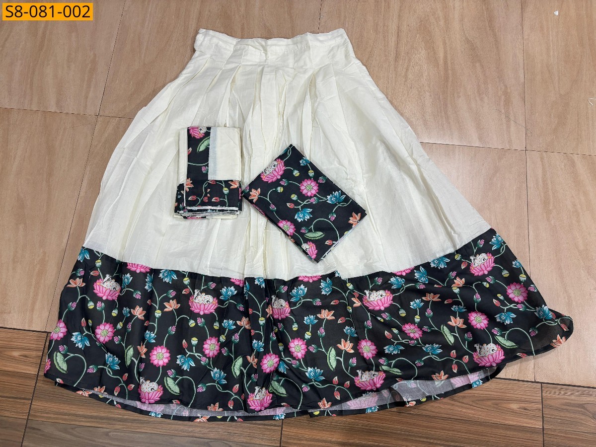 Half white With Black Fancy kalamkari cotton dhavani set