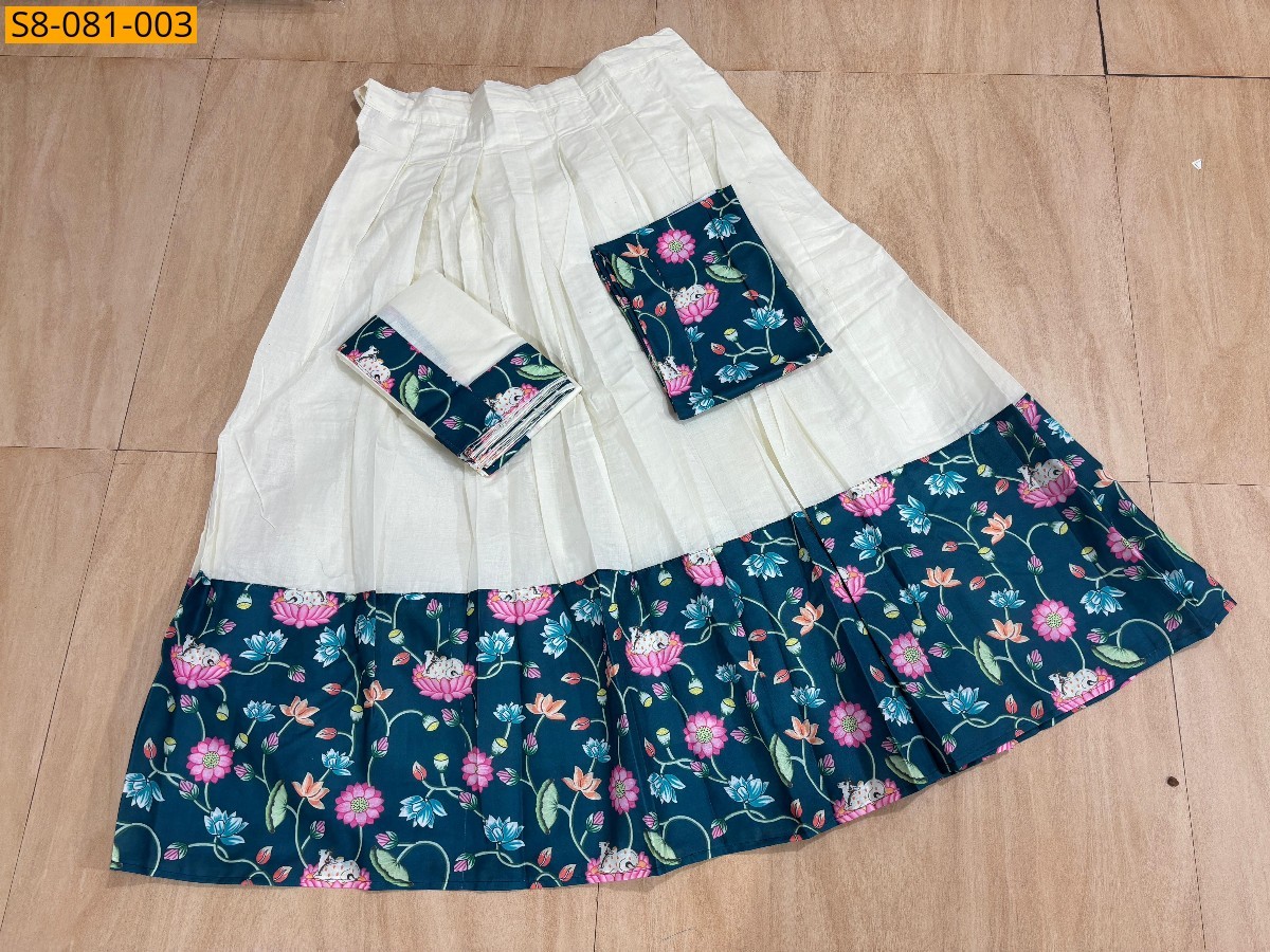 Half white With Navy Fancy kalamkari cotton dhavani set