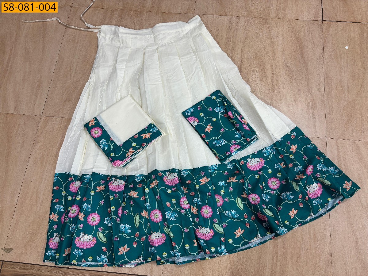 Half white With Green Fancy kalamkari cotton dhavani set