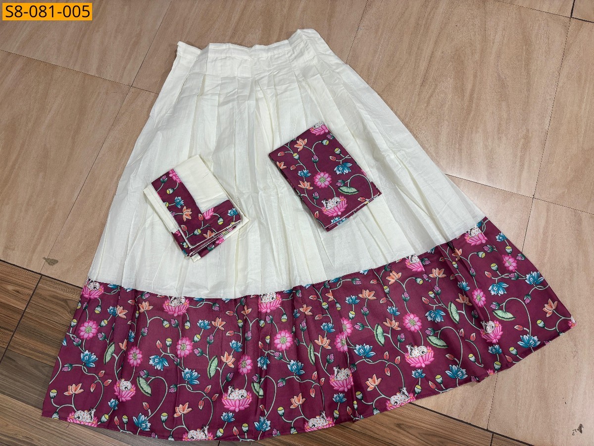 Half white With Maroon Fancy kalamkari cotton dhavani set