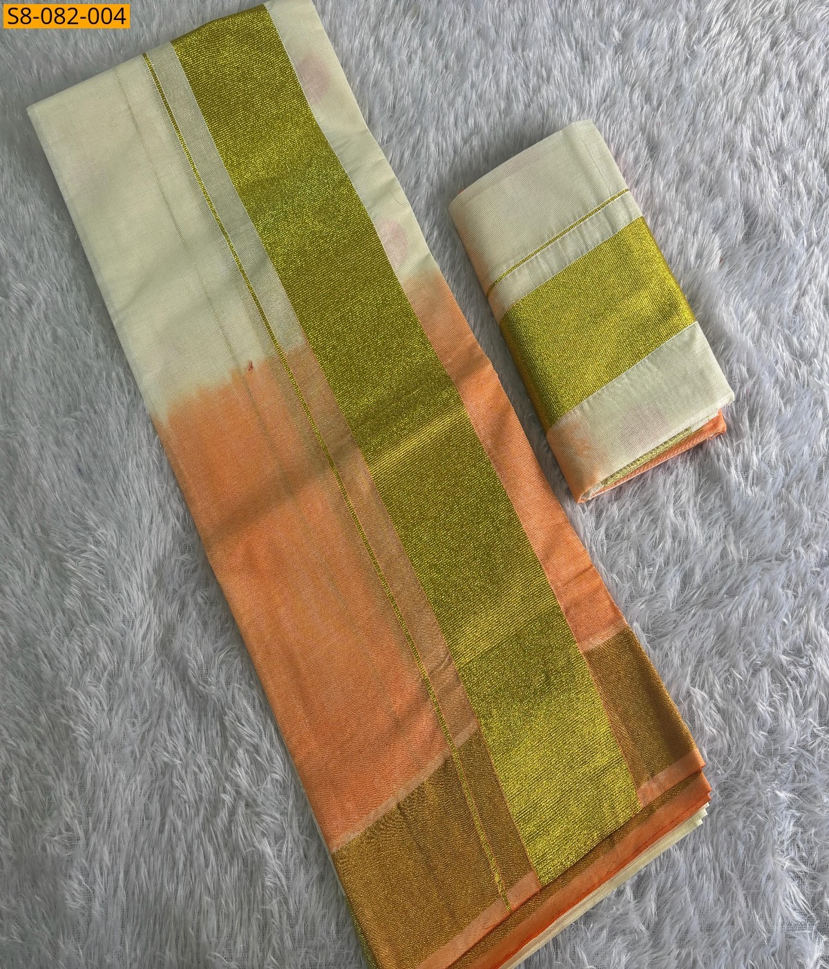 Half white with Orange Tye and dye set mundu