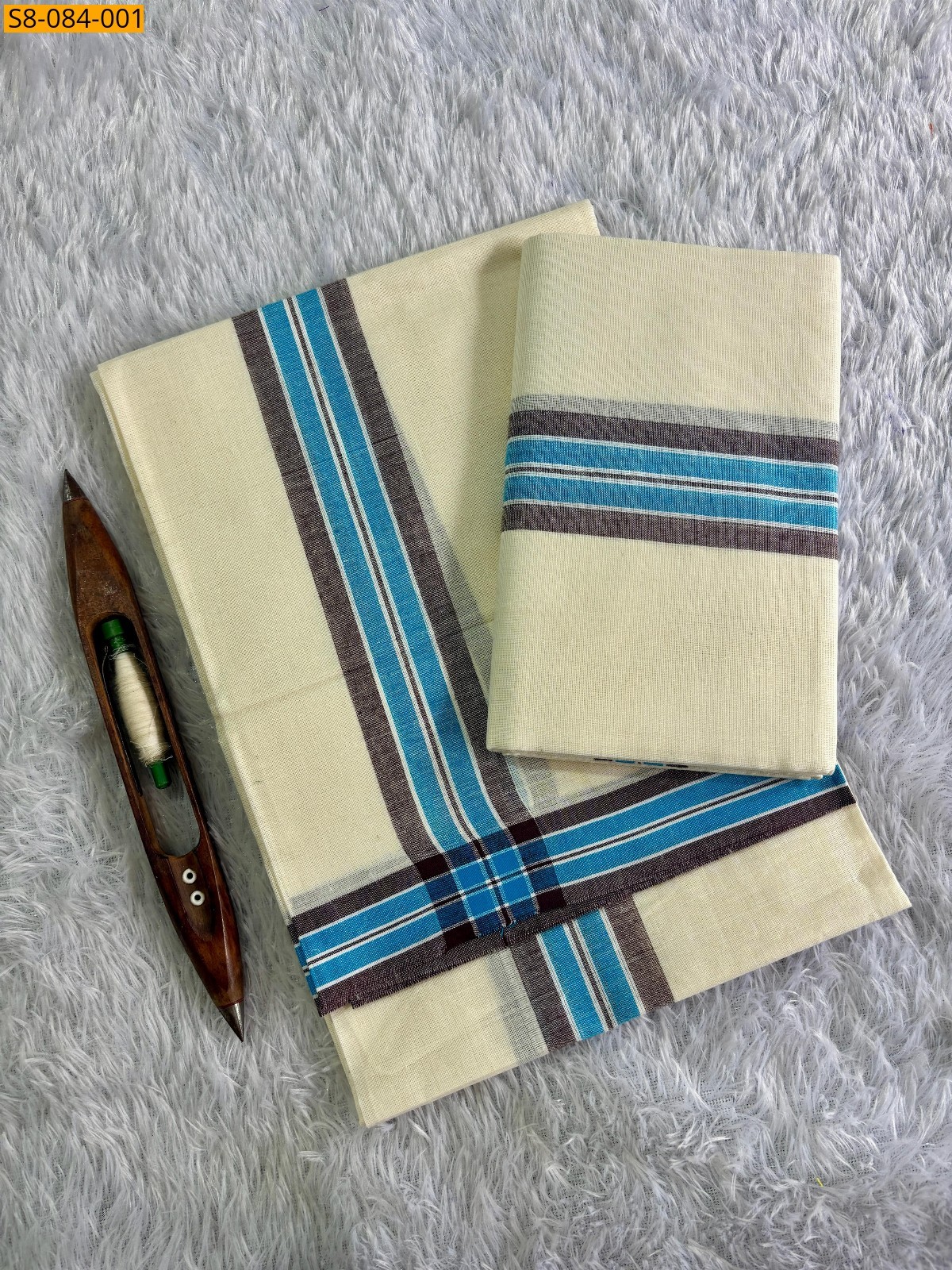 Half white with Blue Fancy mulloth set mundu