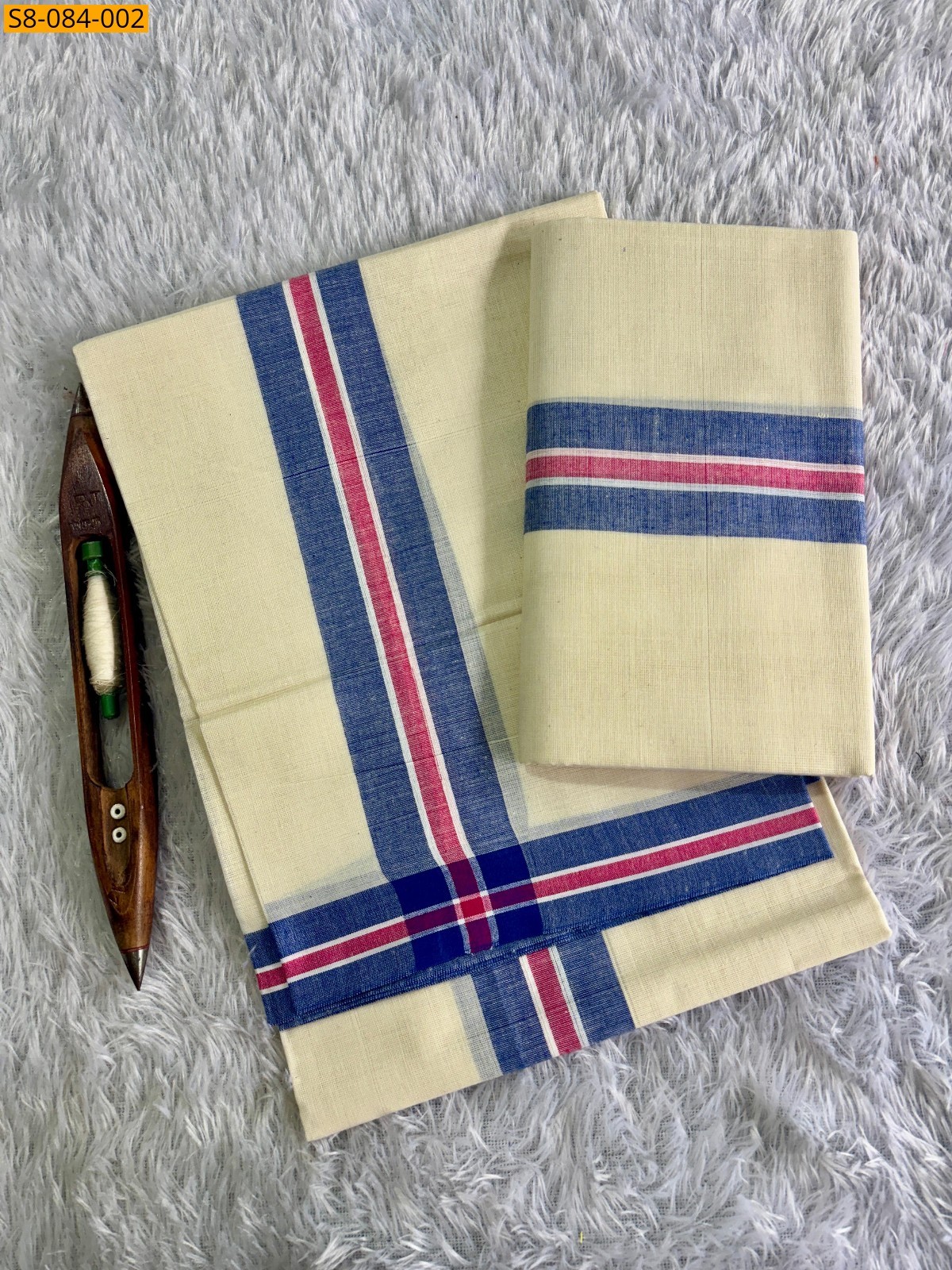 Half white with Navy Fancy mulloth set mundu