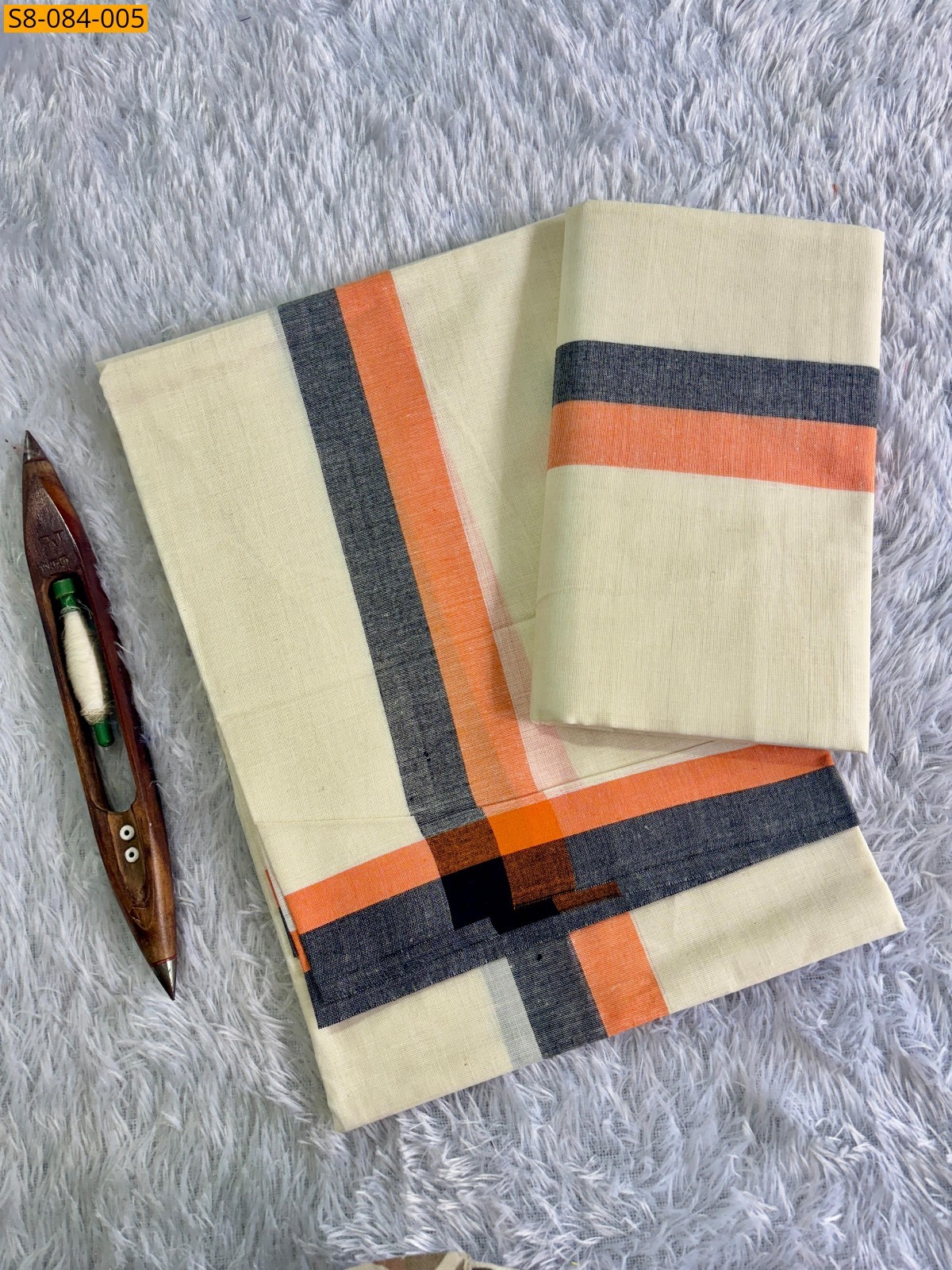 Half white with Orange Fancy mulloth set mundu