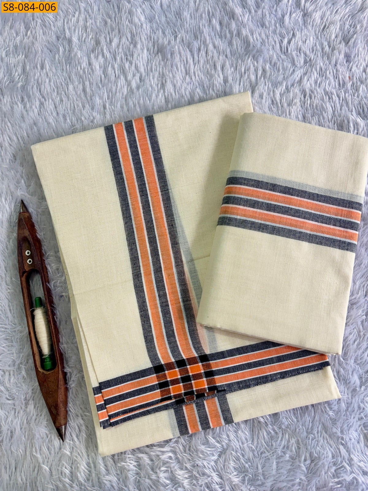 Half white with Orange Fancy mulloth set mundu