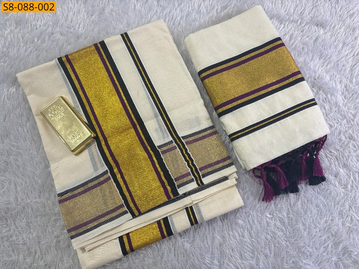 Half White Double colour set mundu
