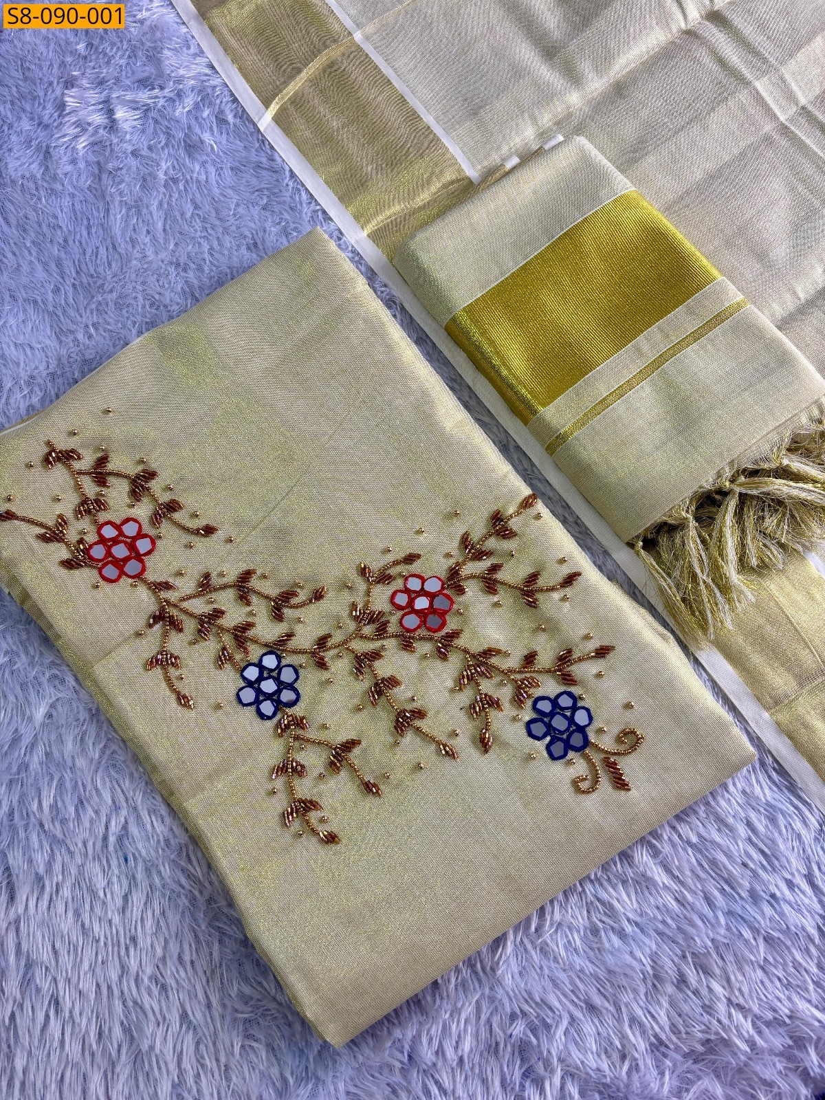 Half white Fancy tissue aari work chudithar set