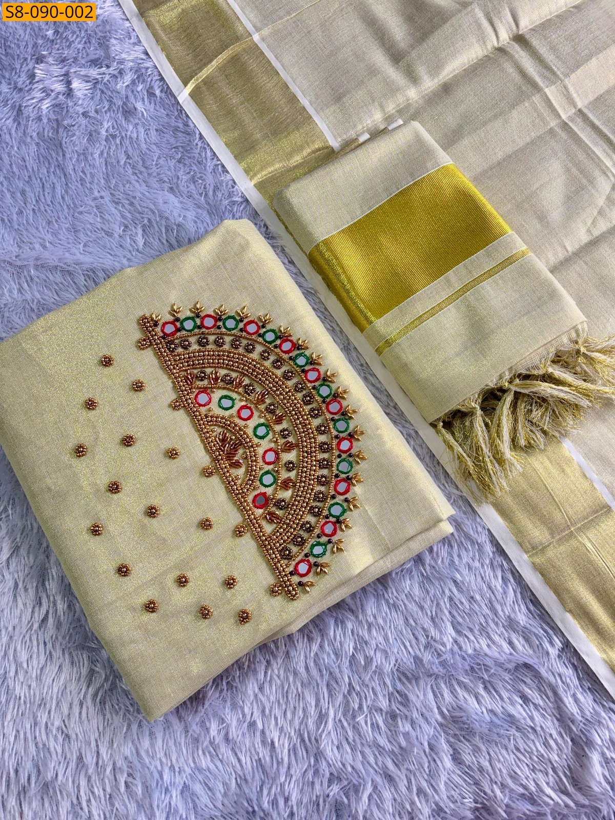 Half white Fancy tissue aari work chudithar set