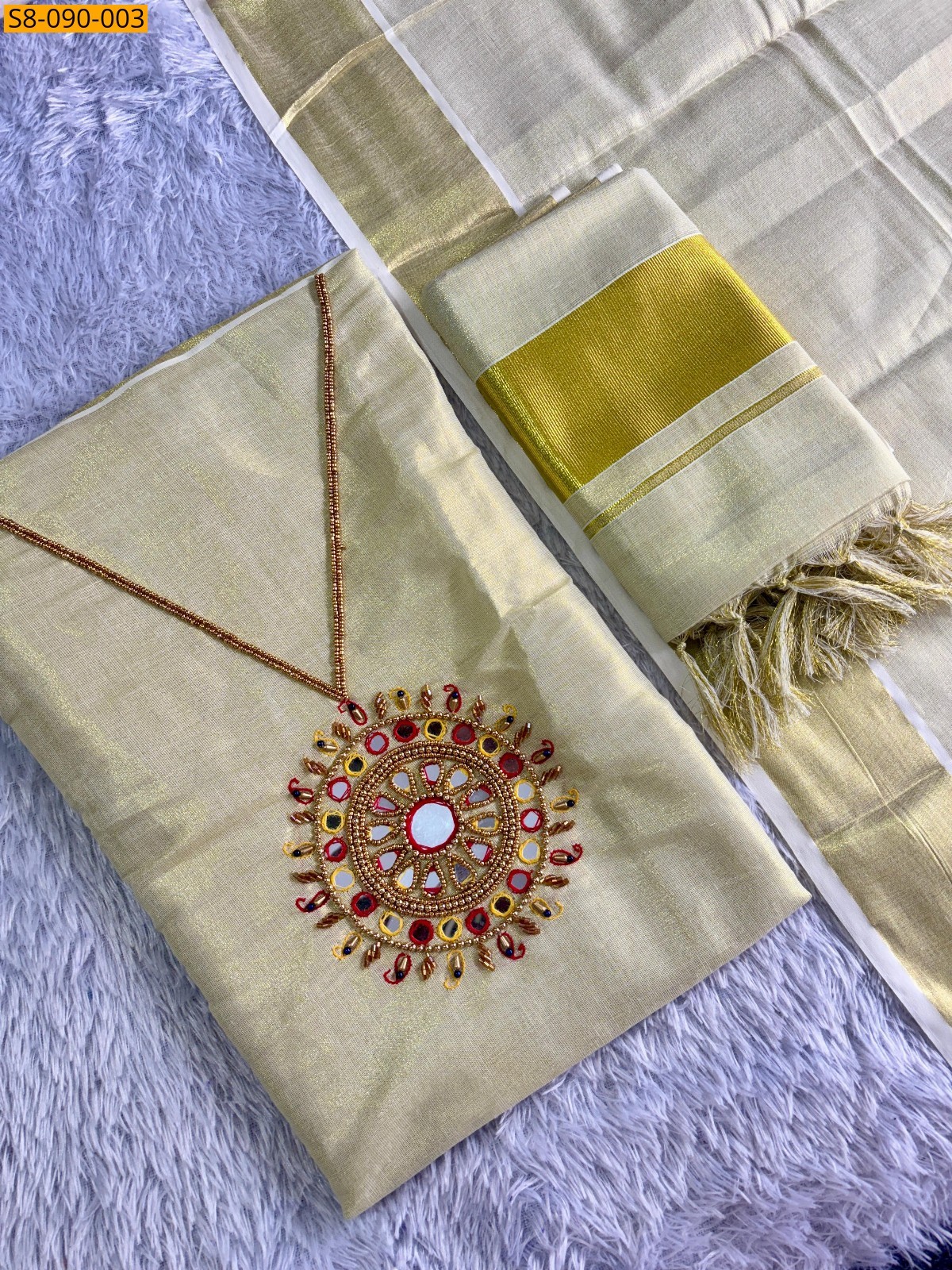 Half white Fancy tissue aari work chudithar set