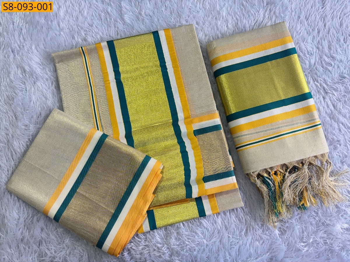 Half white Fancy double border handloom set mundu