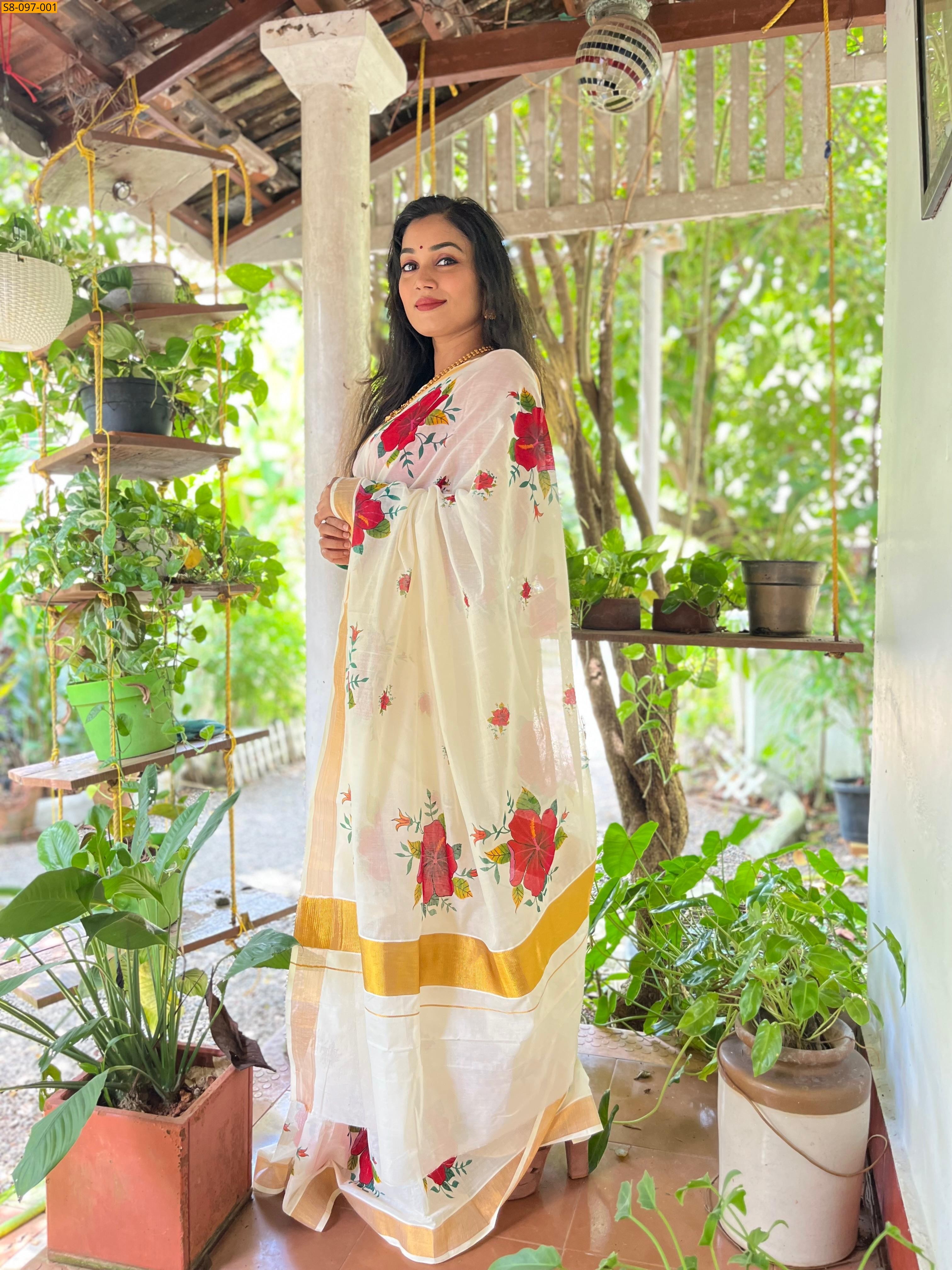 Half White Chembaruthi cotton saree