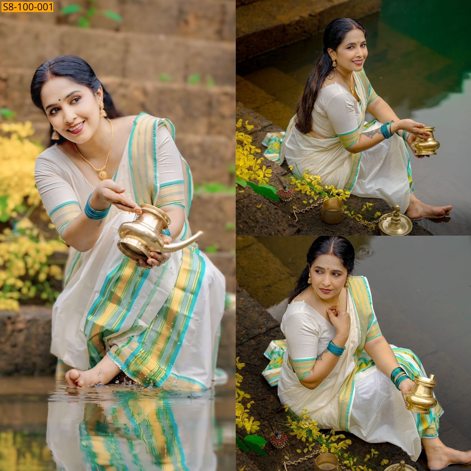 Half white Fancy handloom with blouse set mundu