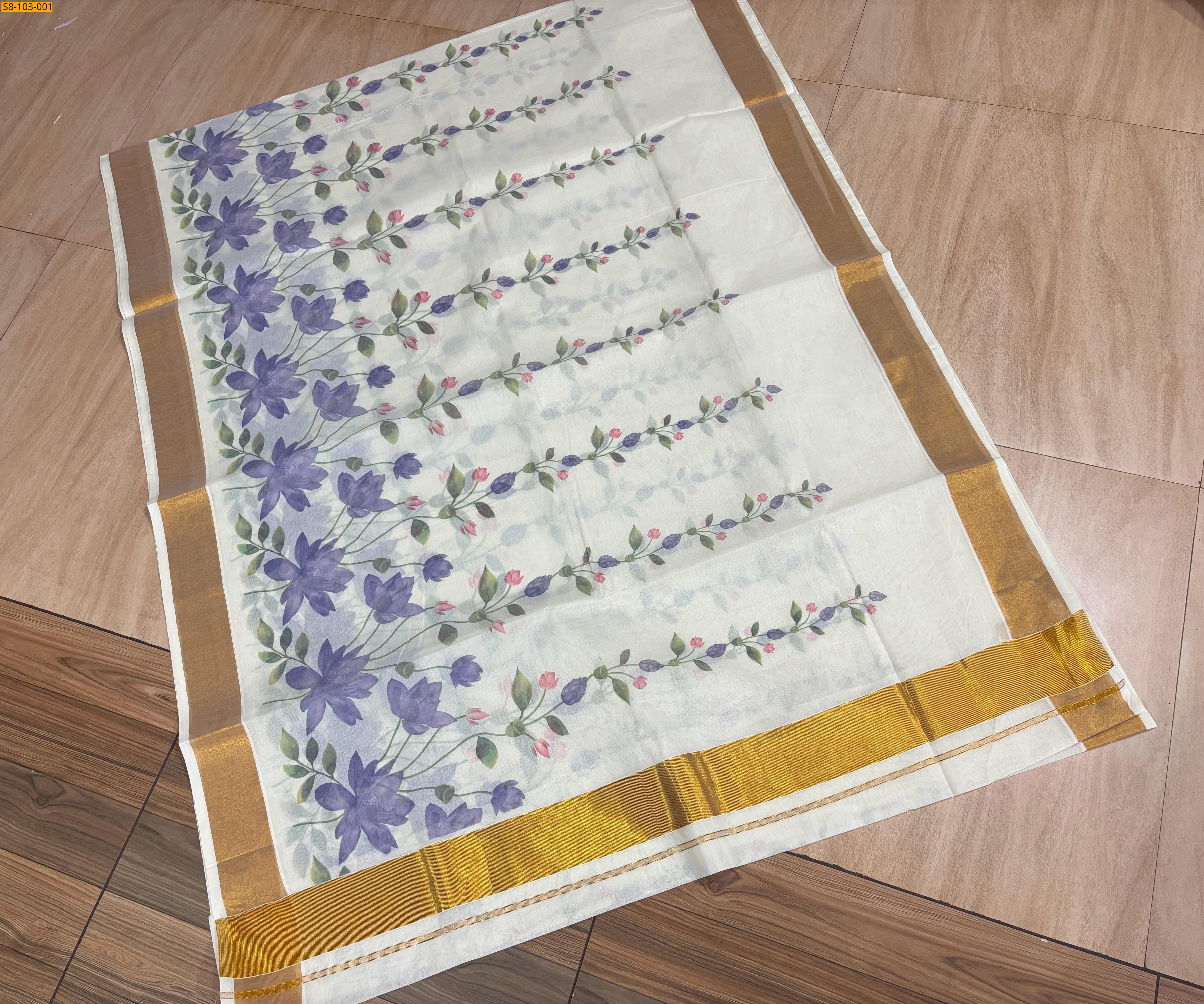 Half White Lavender lotus Printed saree 