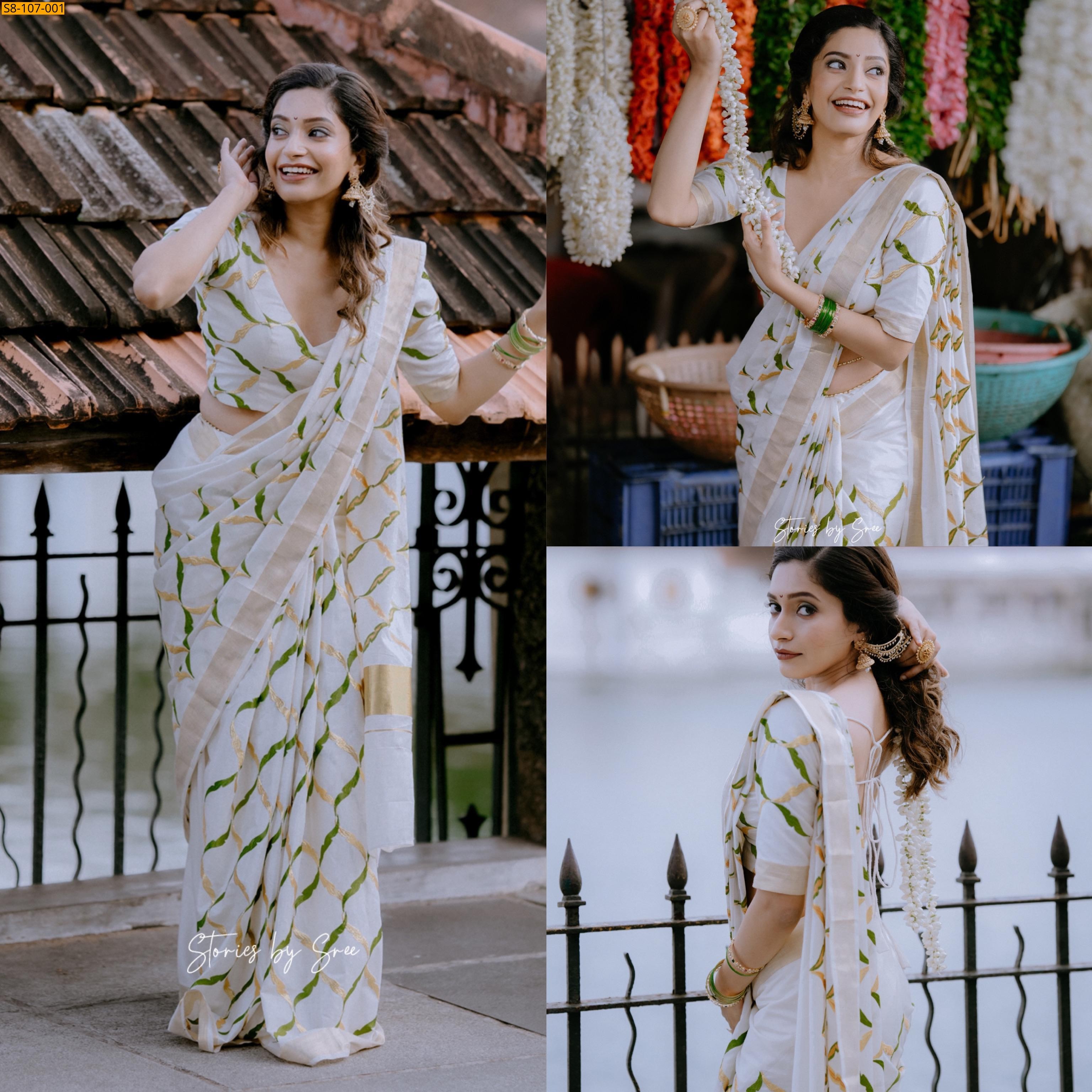 Half White Fancy Olive chain Cotton Saree