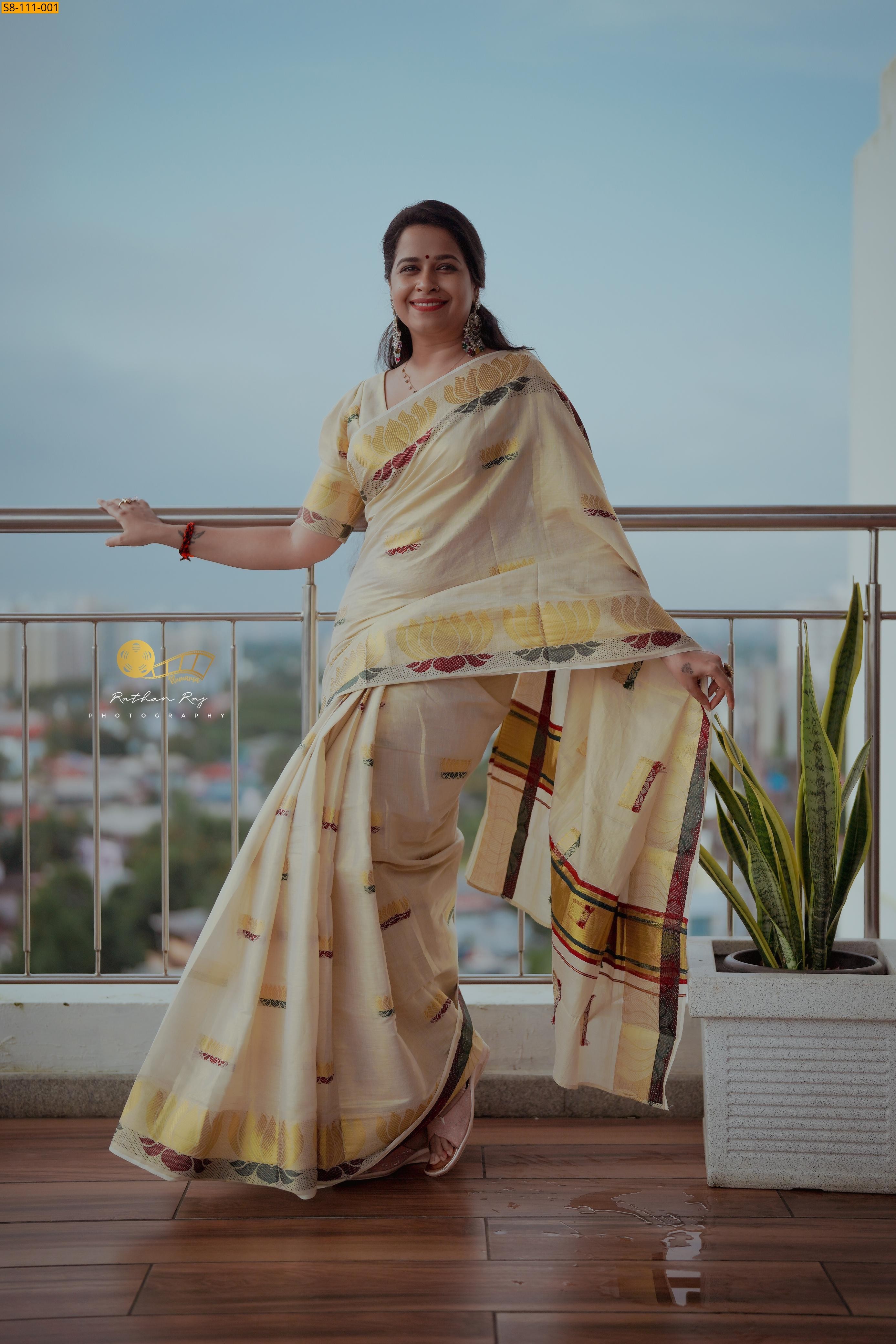 Half white Fancy Lotus Tissue saree